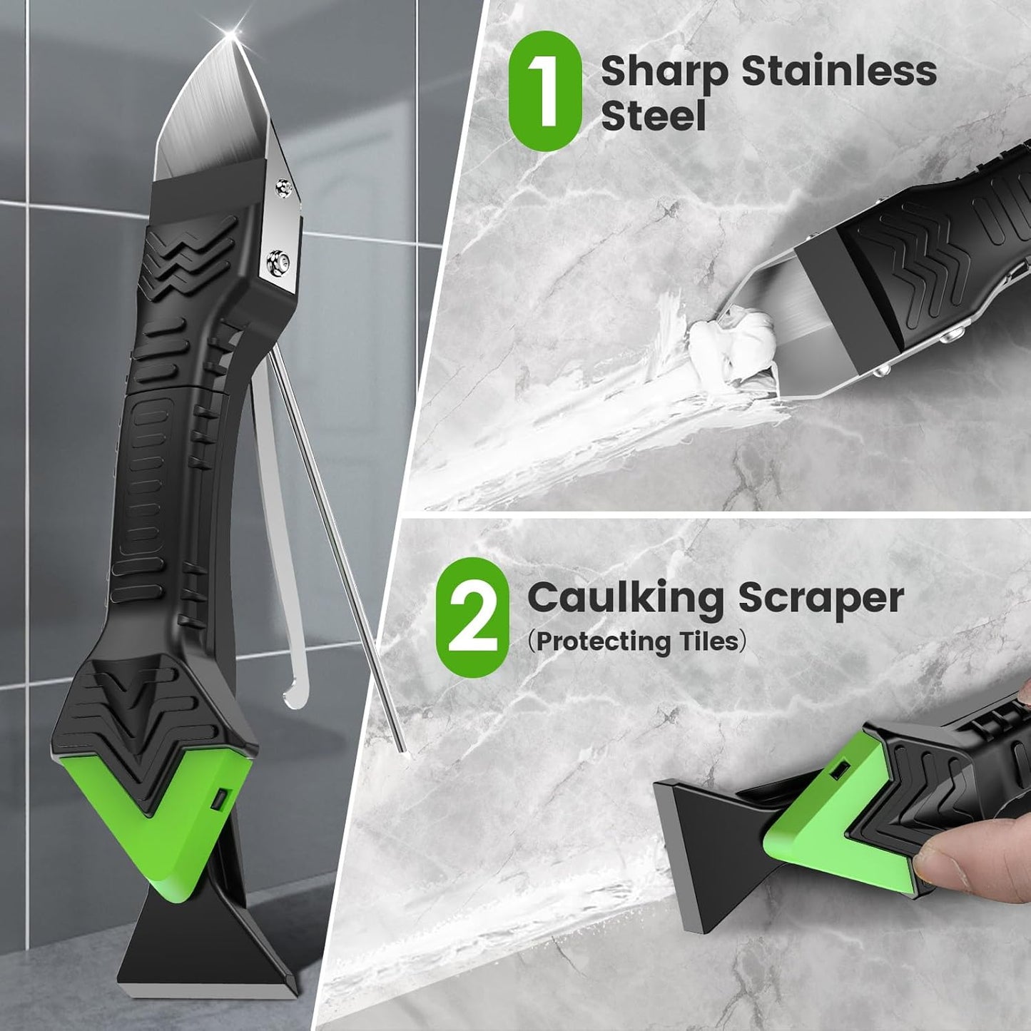 Goopreen 5-in-1 Caulking Tool - Silicone Sealant & Grout Remover with Stainless Steel Head | 6 Replaceable Pads for Kitchen & Bathroom