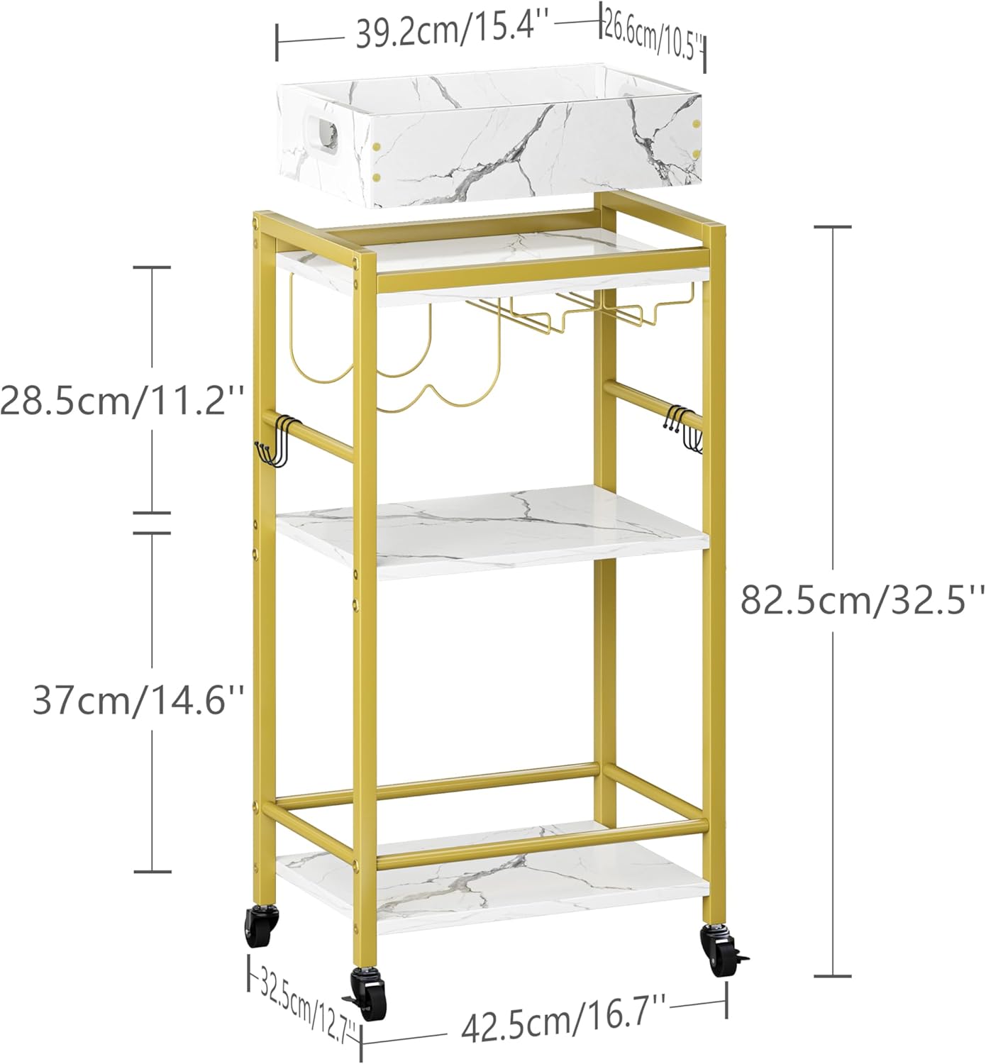Gold Bar Cart - 3-Tier Rolling Beverage Cart with Removable Tray & Wine Rack | Stylish Small Drink Cart for Kitchen & Living Room