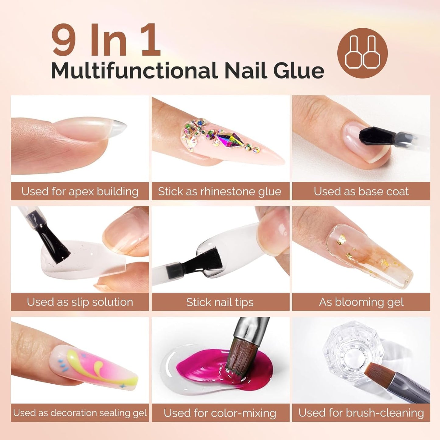 MelodySusie 9 in 1 No TPO Gel Nail Glue - Long Lasting Adhesive for False Nail Tips | 2x15ml Manicure Kit