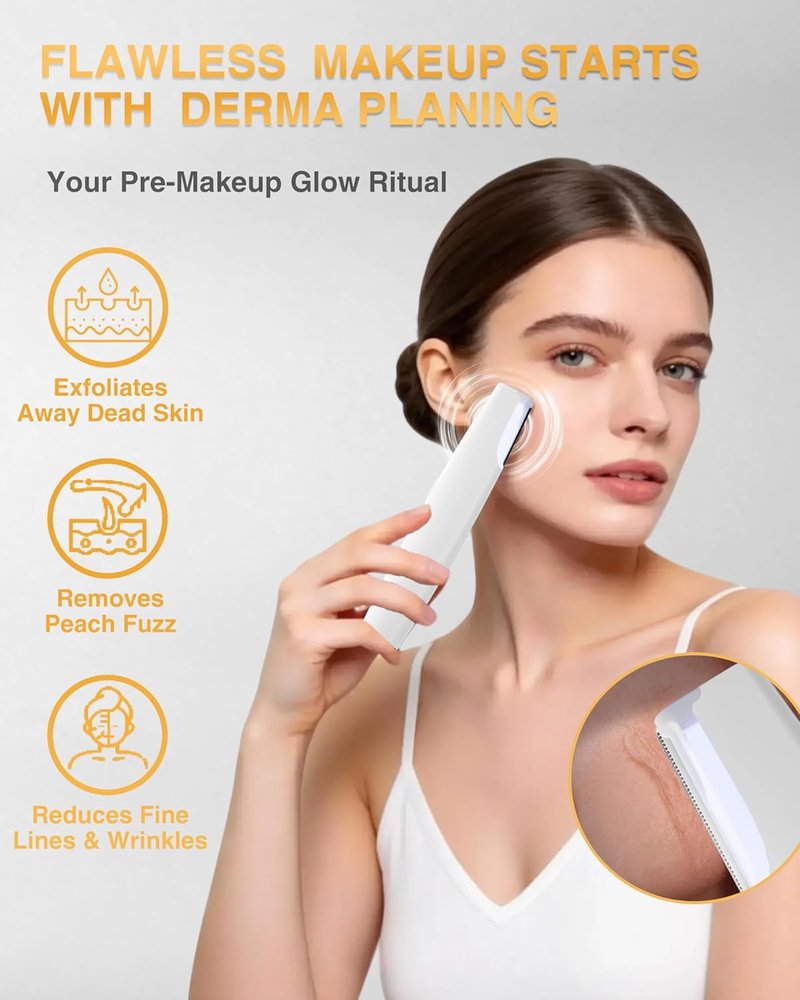 Dermaplane Razor for Women - Rechargeable Sonic Dermaplaning Tool with 3 Speeds & LED Light | Non-Irritating Face Razor, 5 Refill Blades Included, White