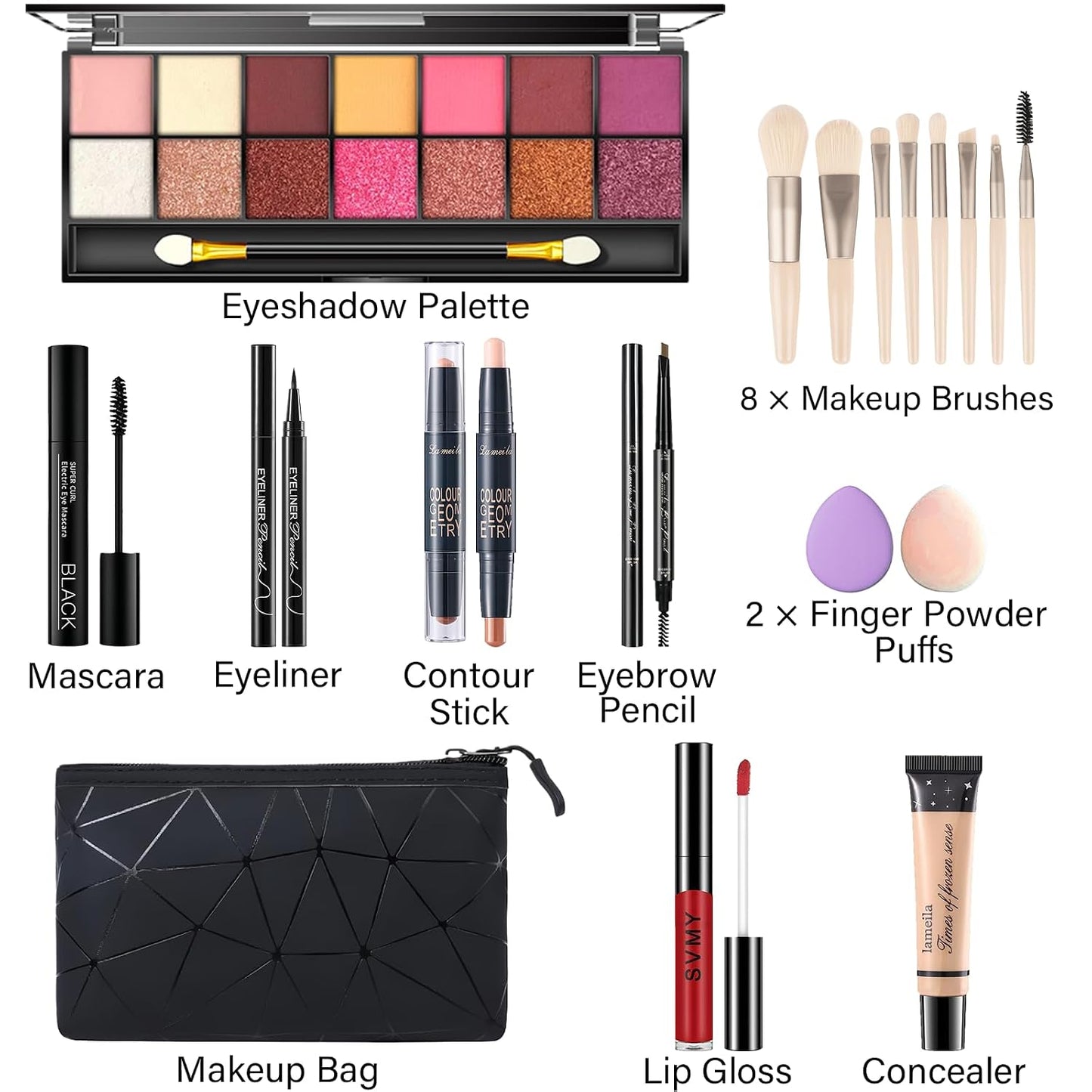 Makeup Set for Women - 14-Color Eyeshadow Palette, Lip Gloss & Contour Stick | Travel-Friendly Kit