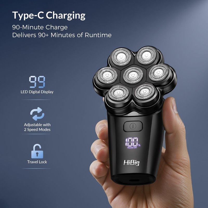 HiBig Head Shavers for Bald Men - 7D Arc Magnetic Detachable Electric Razor, Waterproof Wet Dry 5-in-1 Electric Shaving & Grooming Kit, LED Display Rechargeable Head & Body Hair Shaver, Black