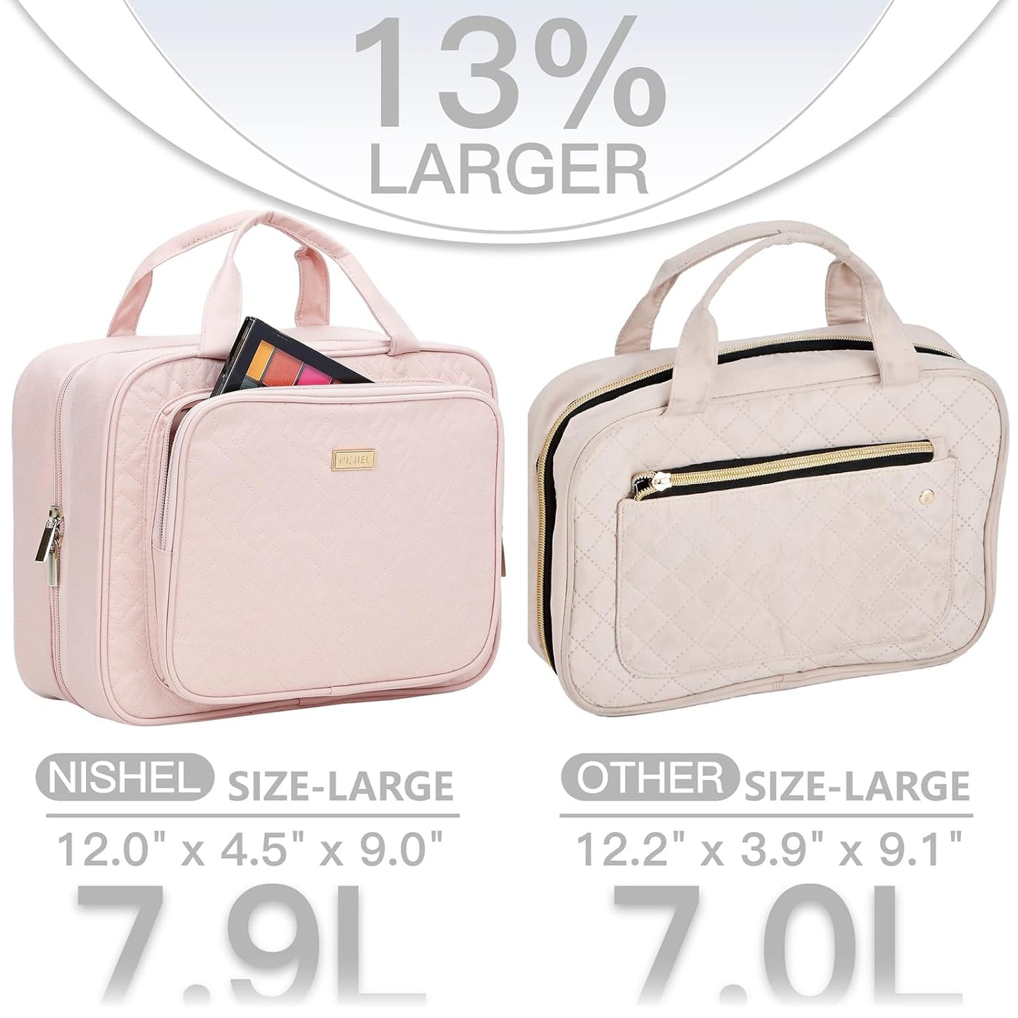NISHEL Travel Toiletry Bag - Large Pink Makeup Organizer | Hanging Case for Accessories & Cosmetics