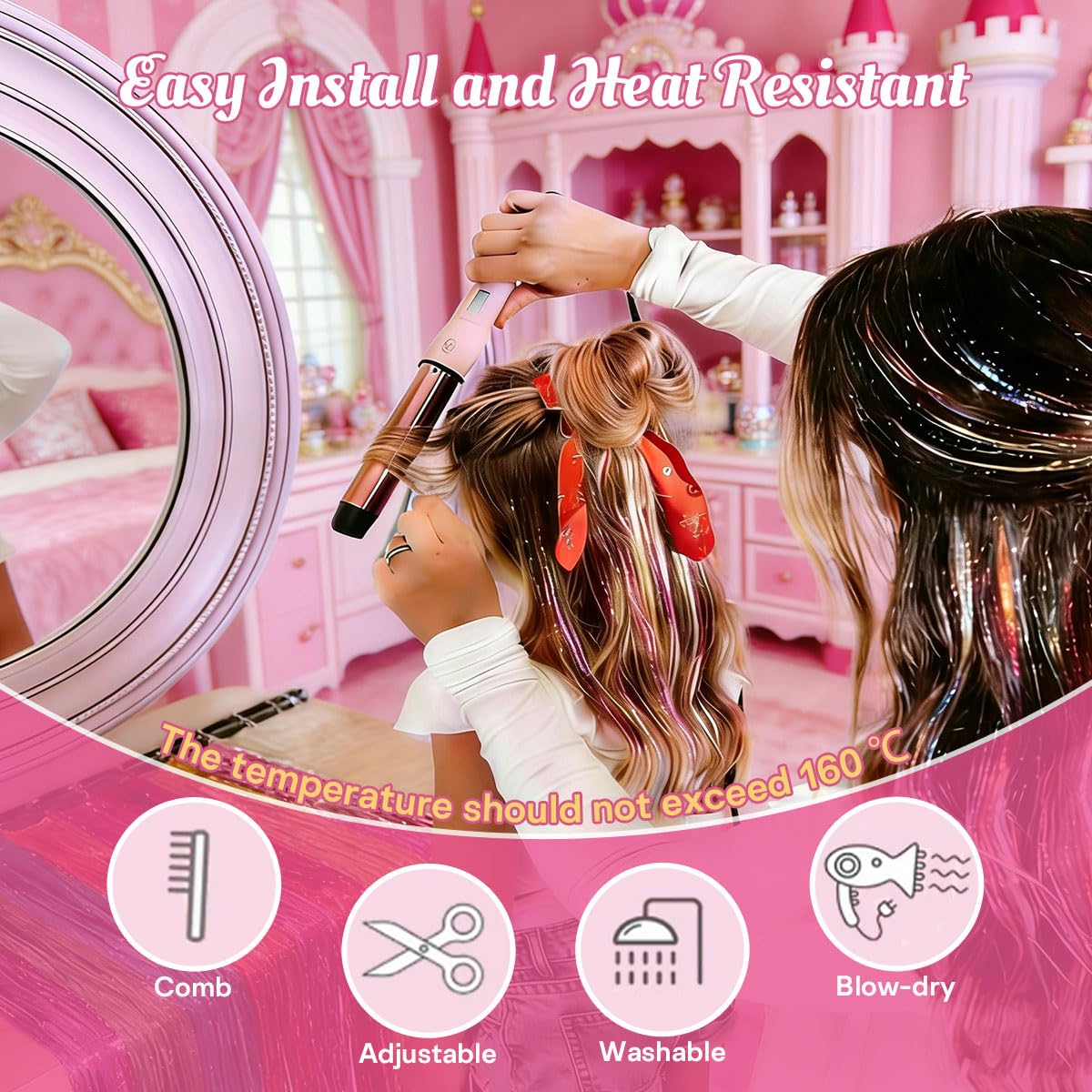 Colorful Hair Tinsel Clips - 18 Pcs 24 Inch Heat Resistant Fairy Hair Extensions | Hot Pink Glitter for Girls & Women