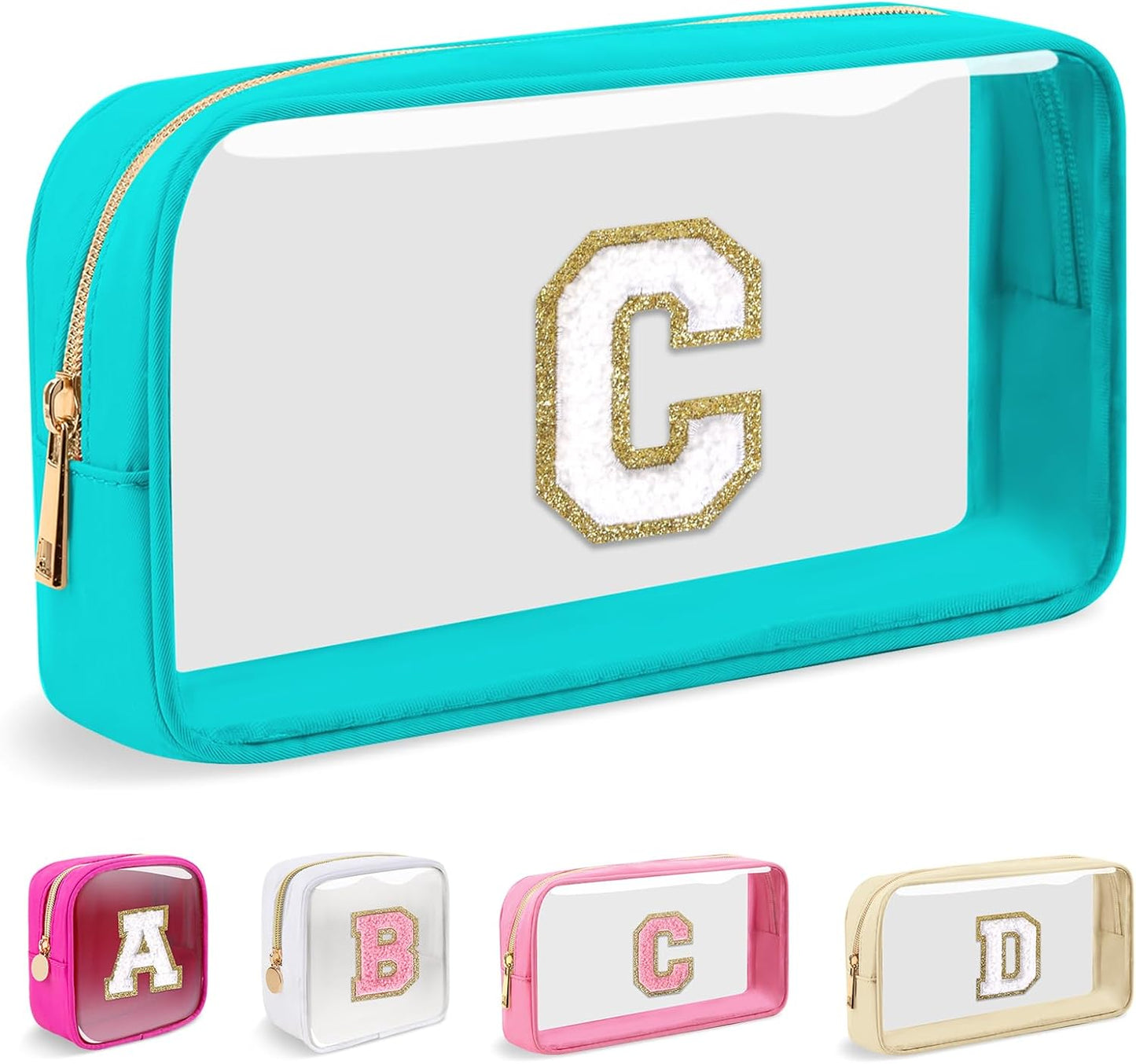 Personalized Initial Makeup Bag - Waterproof Nylon Cosmetic Pouch | A-Z Chenille Letter Patch, White-Pink G