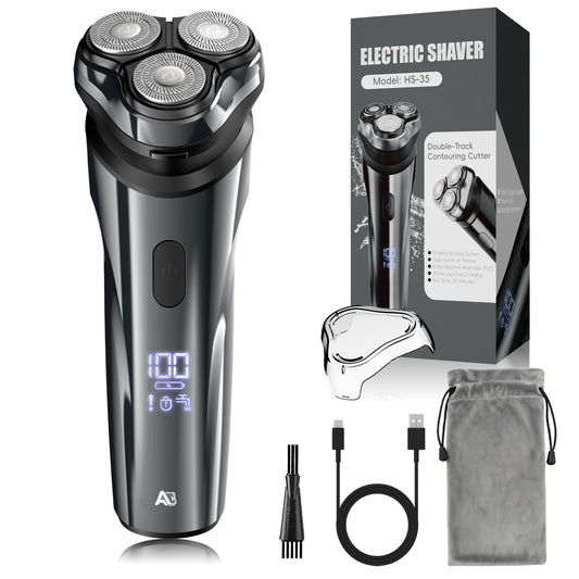ABGAB Electric Rechargeable Shaver for Men,Wet & Dry Electric Razor, IPX7 Waterproof Rotary Shaver for Men,4D Floating Head, LED Display,Type-C, Travel-Friendly, Gray