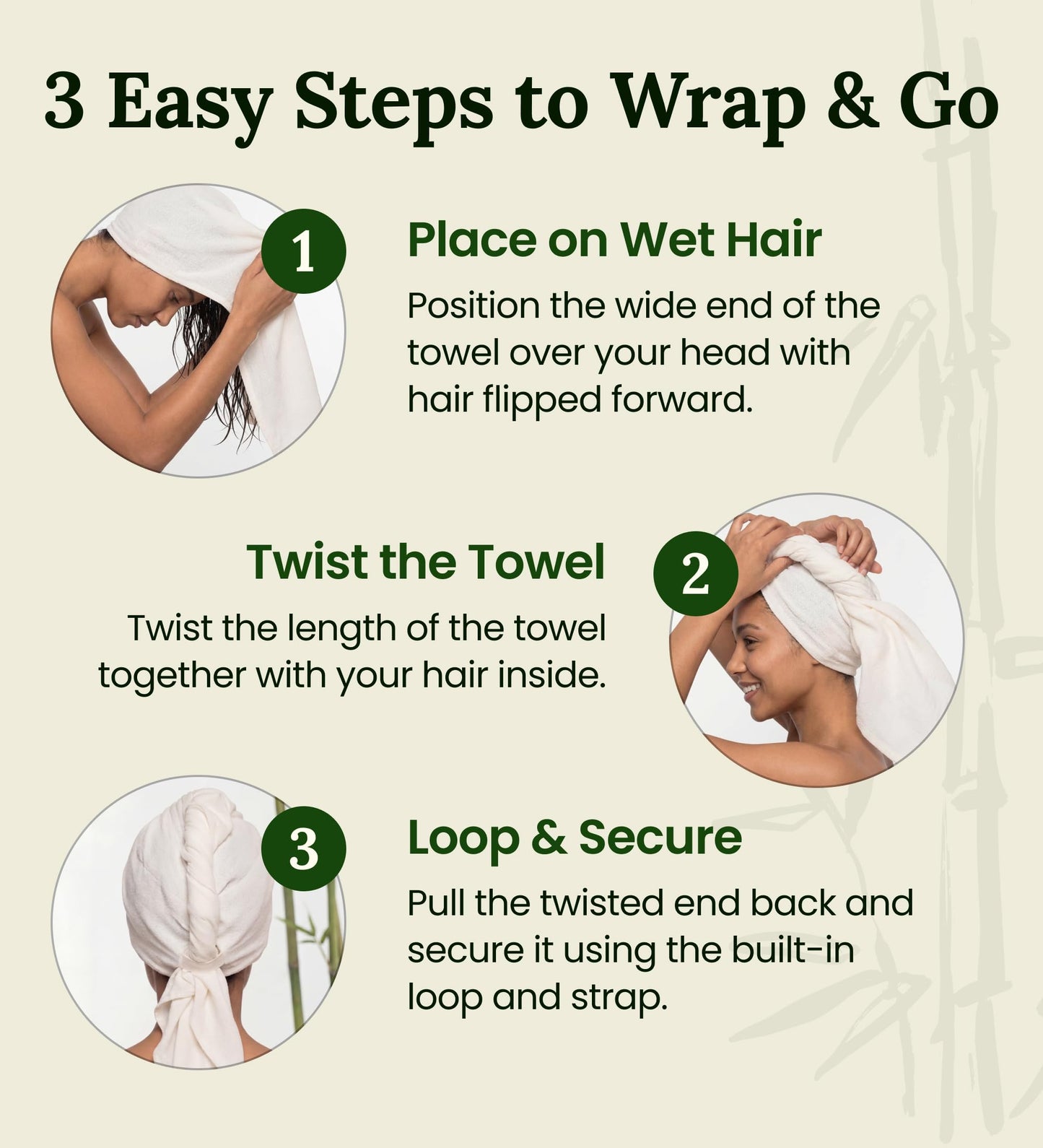 Hair Towel Wrap for Women, Bamboo Made for Advanced Absorption & Fast Drying, Anti-Frizz & Curl Friendly, Superior Alternative to Microfiber Hair Towel Wrap, Includes Elastic Strap, Ivory White 1-Pack