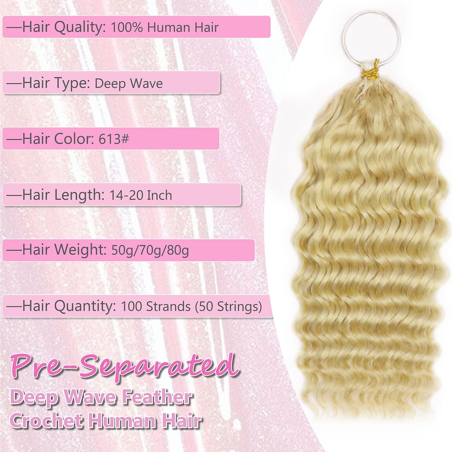 613 Blonde Pre-Separated Human Crochet Hair Deep Wave Curly Miracle Knots Crochet 14 Inch 60g Blonde #613 Knotless Feather Invisible 100% Human Crochet Braiding Hair Extensions for Black Women