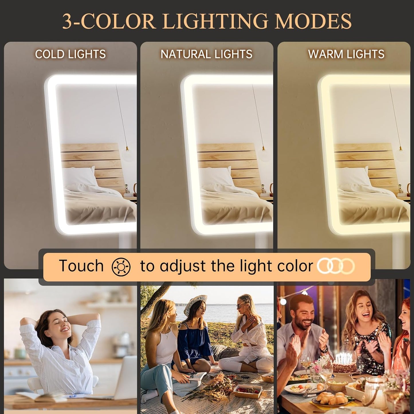 Vanity Mirror with Lights - Rechargeable Makeup Mirror | Smart Touch, 3-Color Dimmable Lighting, 40X Magnification, White