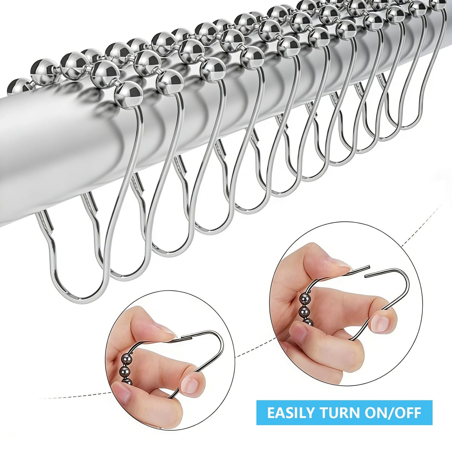Shower Curtain Hooks Rust Proof Stainless Steel - Set of 13 Silver Shower Curtain Rings for Bathroom Rods, Heavy Duty Metal Gliding Hangers, Decorative Polished Finish for Curtains & Liners