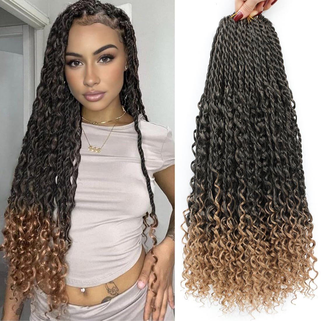 Goddess Twist Braids - Ombre Black Brown Crochet Hair Extensions | 14-Inch Curly Ends, 6 Packs for Black Women
