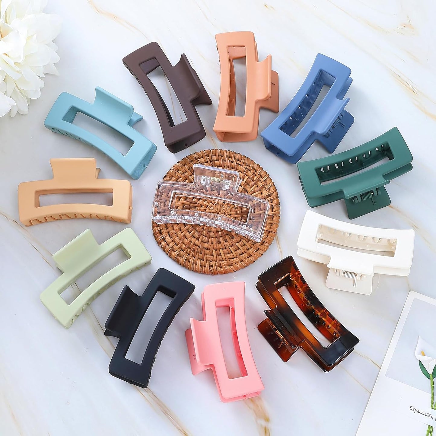 3.5 Inch Medium Hair Accessories - 12 Pcs Square Jaw Clips for Thick & Thin Hair | Rectangular Basic Color Clips for Women & Girls