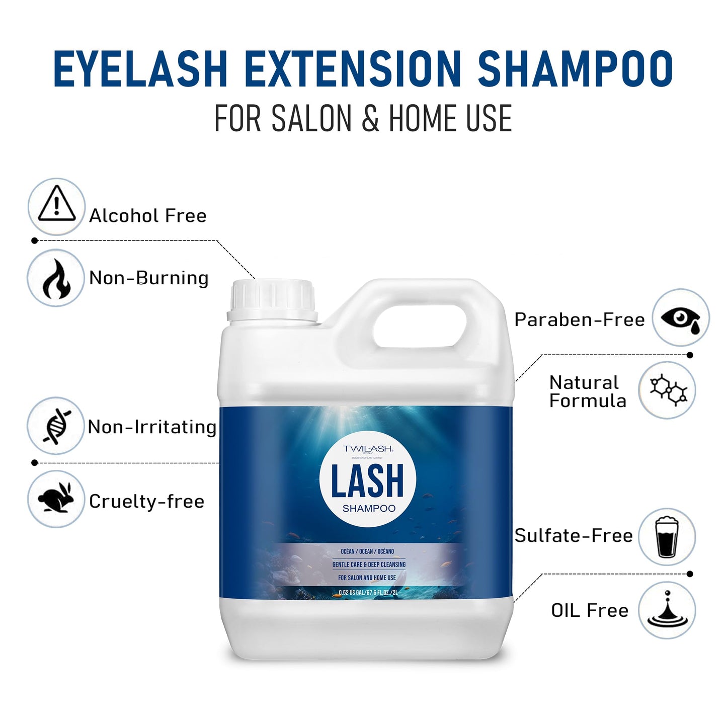 TWILASH BY DLY Lash Shampoo Bulk, Eyelash Cleanser for Extensions 2 Liters, Safe Makeup Remover, Non-irritating or Burning Eyelid Foaming Cleanser for Professional Salon and Home Use (Ocean-2L)