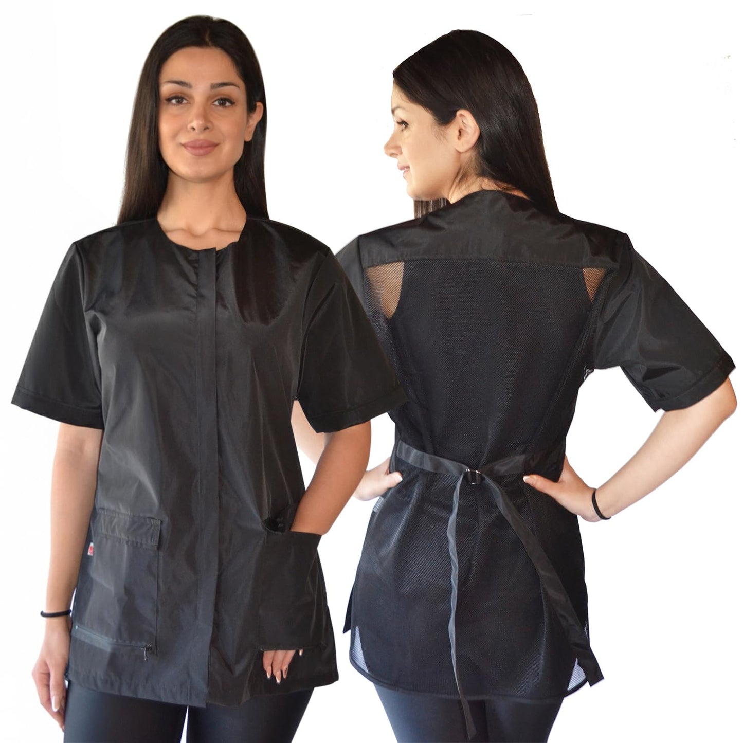 Ladybird Line 950 Classic Black Waterproof Jacket, 2 Front Pockets, Mesh Back, Hair Bleach Resistant, Adjustable Tie Belt