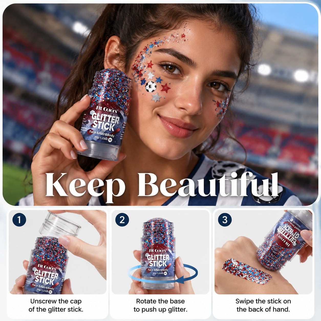 Red White Blue Glitter Stick – Sparkling Hair & Face Glitter Gel, Sequins Glitter Face Paint for Concerts, Rave Accessories, Chunky Sequins Mermaid Style, Halloween & Festival Body Art