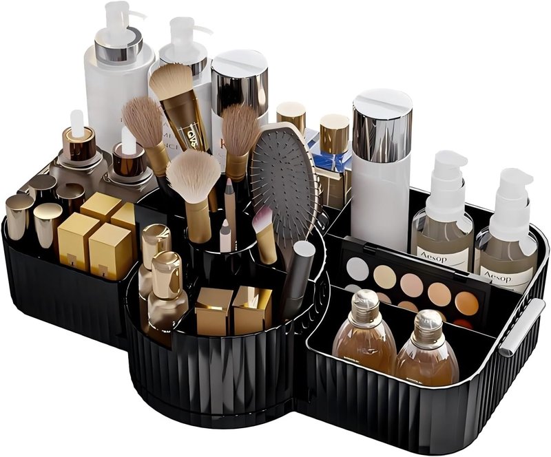 Large Makeup Brush Holder - Rotating Vintage Striped Cosmetic Organizer for Bathroom & Vanity | Black