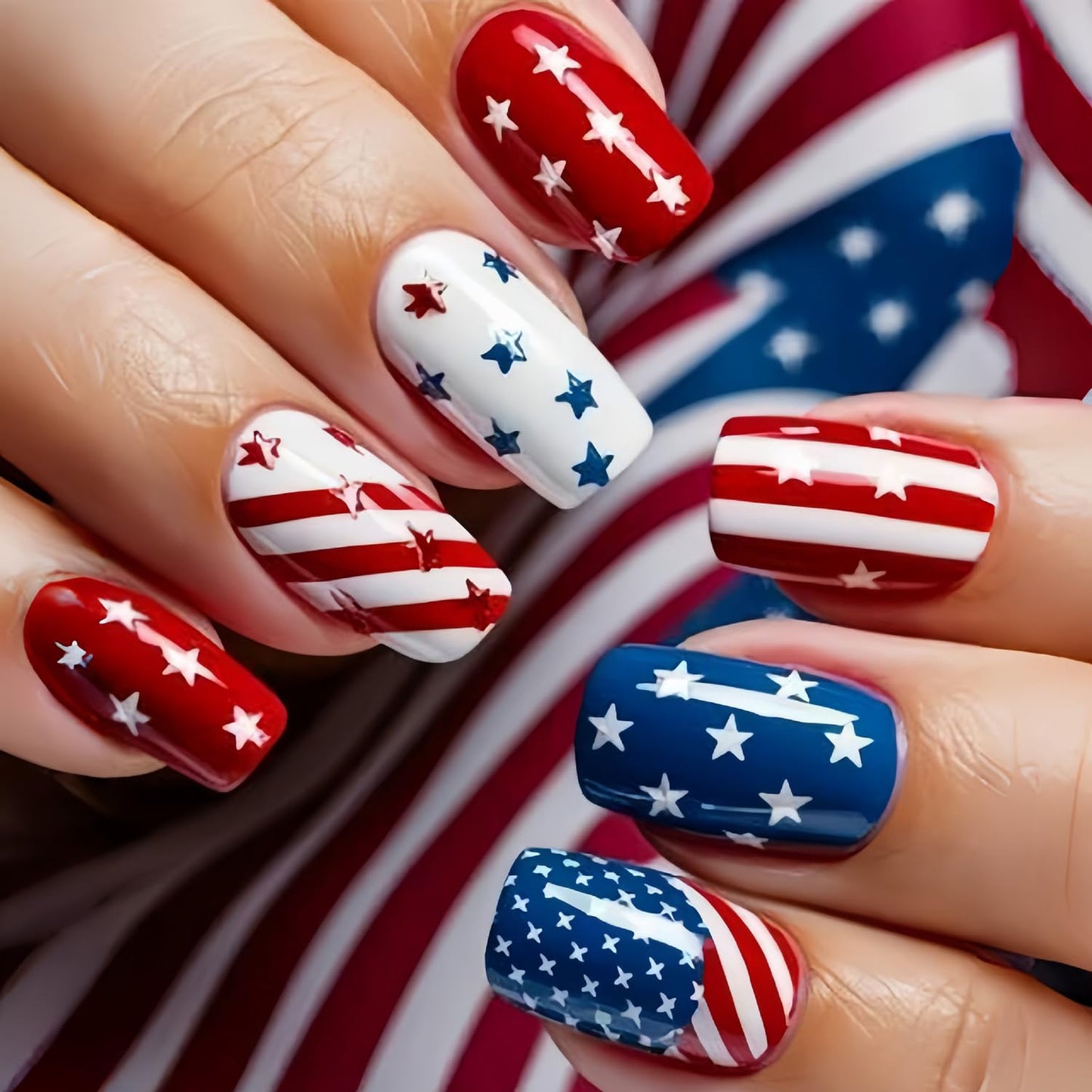 24Pcs 4th of July Press-On Nails - Medium Square Red, Blue & White Glitter Designs | Reusable Patriotic Acrylic Nails for Women