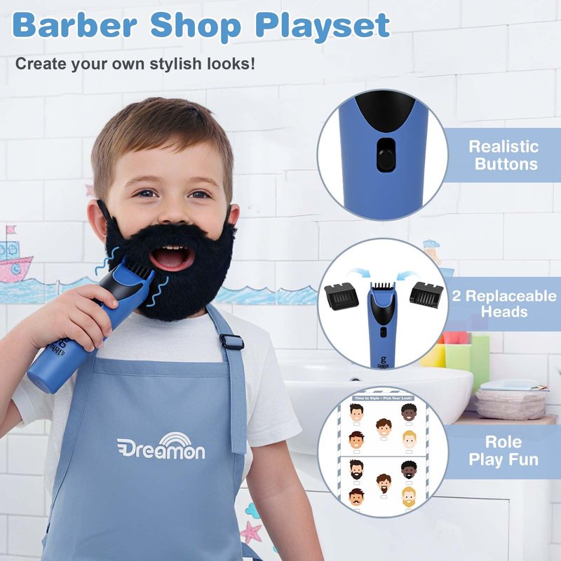 Barber Shop Pretend Play Set, Kids Shaving Kit Wooden Hair Salon Toys for Boys with Wearable Beard, Electric Shaver, Blow Dryer, Tool Bag, Toddler Role Play Barber Accessories for Boys & Girls Gifts
