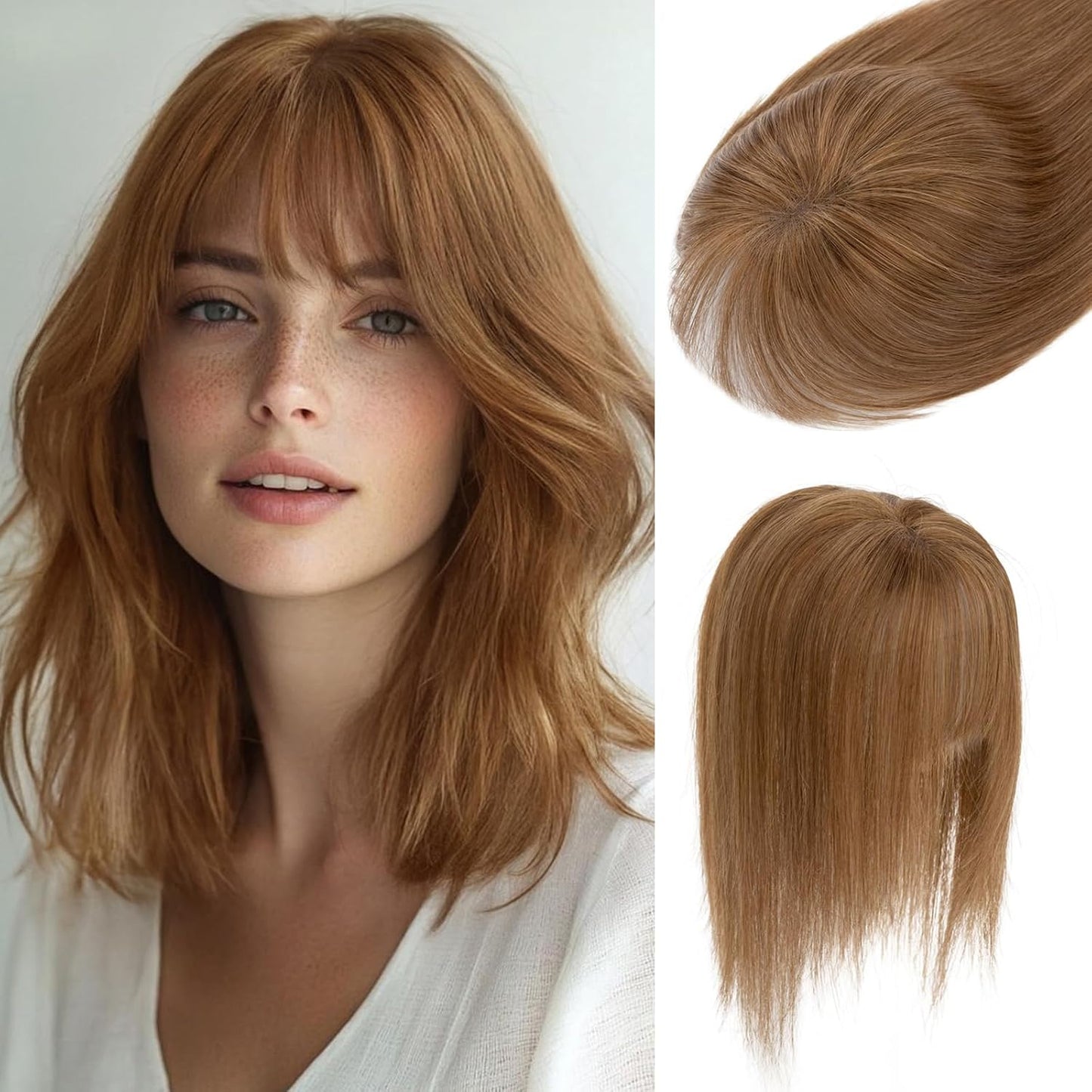 Human Hair Topper with Bangs - 360° 3D Cover Hairpiece for Women | Grey 12 Inch