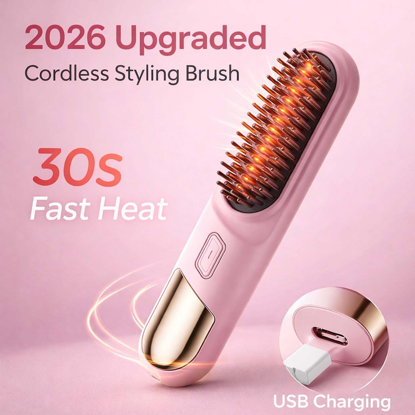Smart Comb for Short Hair - Cordless Styling Brush with 30s Fast Heat & 4 Temperature Settings | USB Rechargeable (Pink)