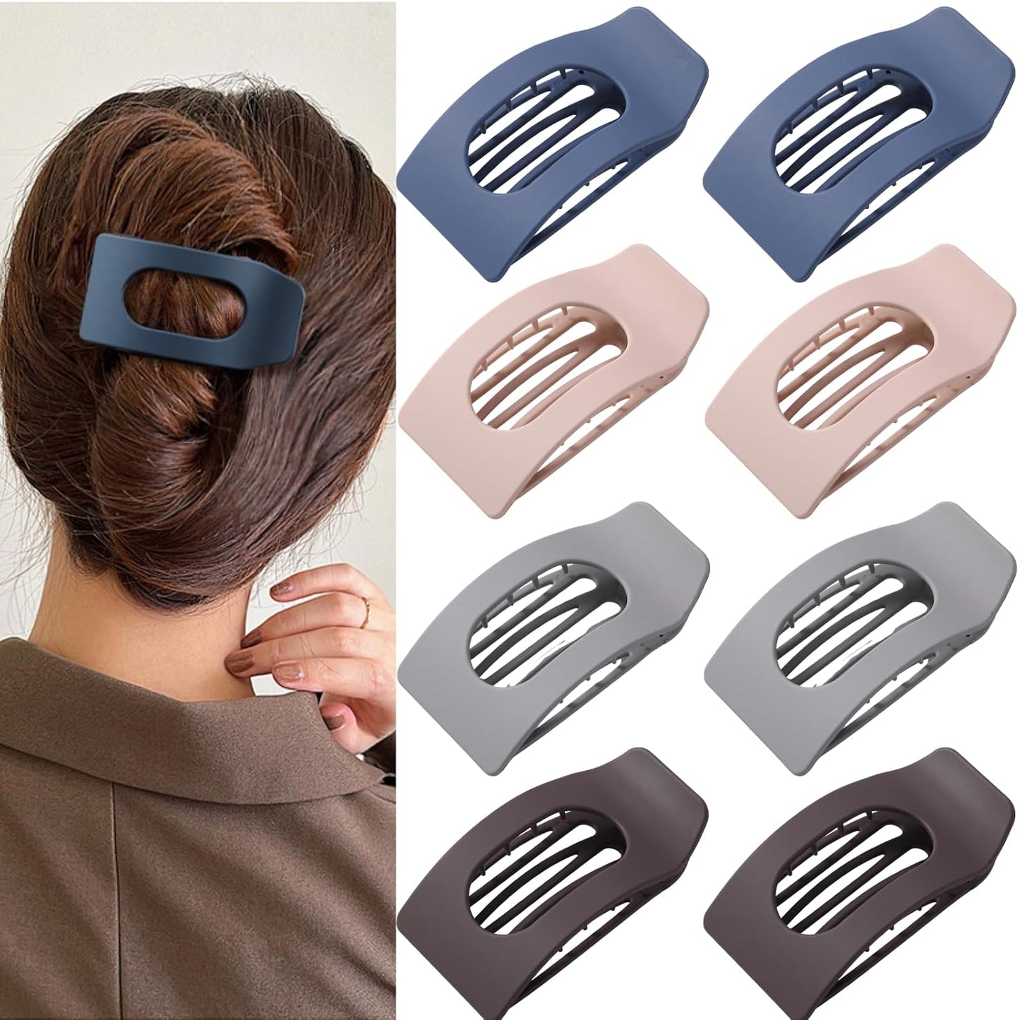 Flat Hair Clips for Women - 8 Pack Large Matte Rectangle No-Slip Claw Clips | Strong Hold for Thick & Thin Hair