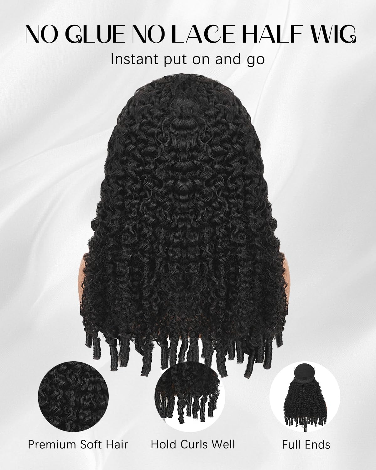 Burmese Curly Half Wig - Human Hair Glueless Drawstring Wig for Black Women | 24-Inch Natural Black, 180% Density