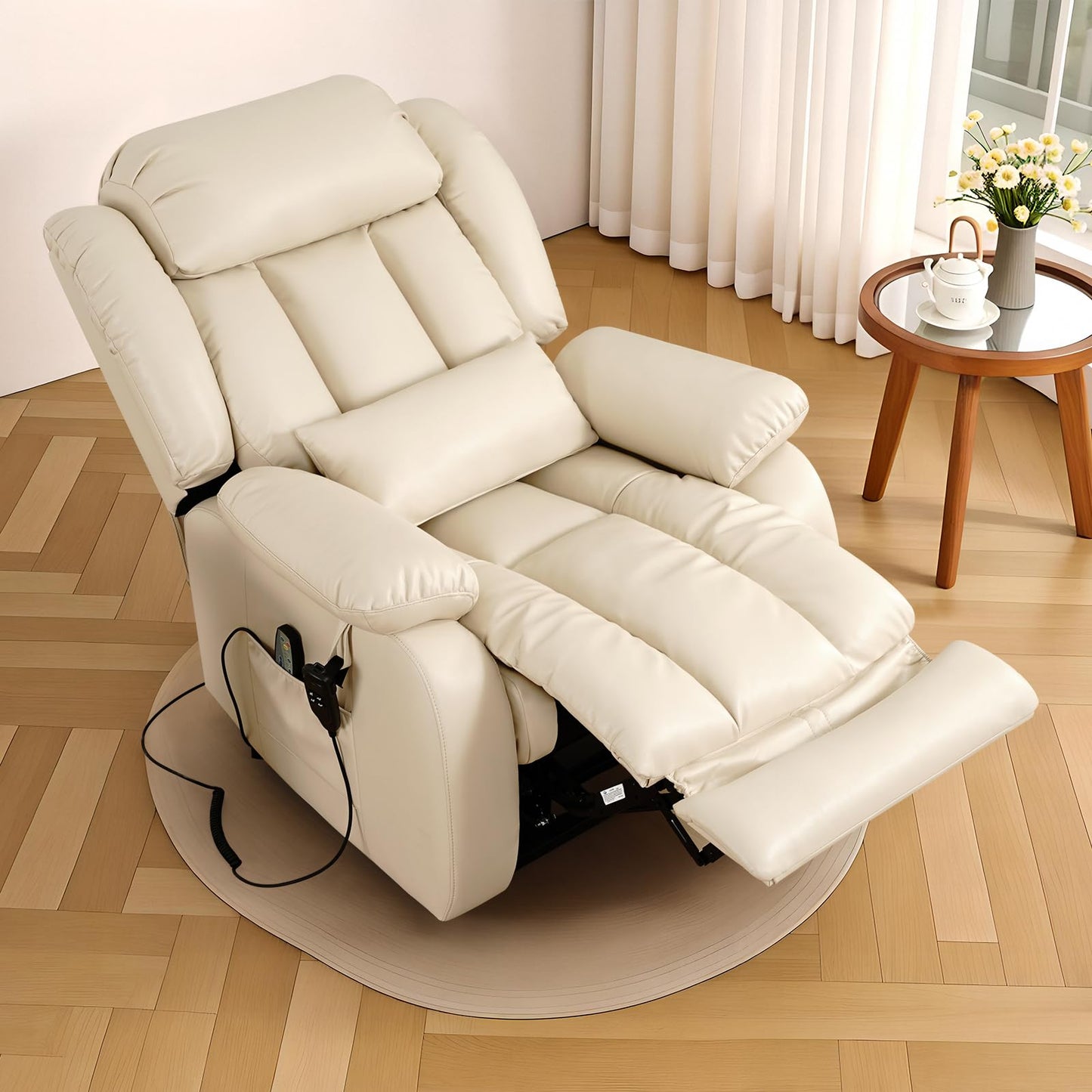 Infinite Position Lay Flat Lift Recliner Chair for Adults, Dual Motor Power Lift Chair for Elderly with Massage & Heating, Extended Footrest, USB Ports, Remote Control & Lumbar Pillow, Leather (Beige)