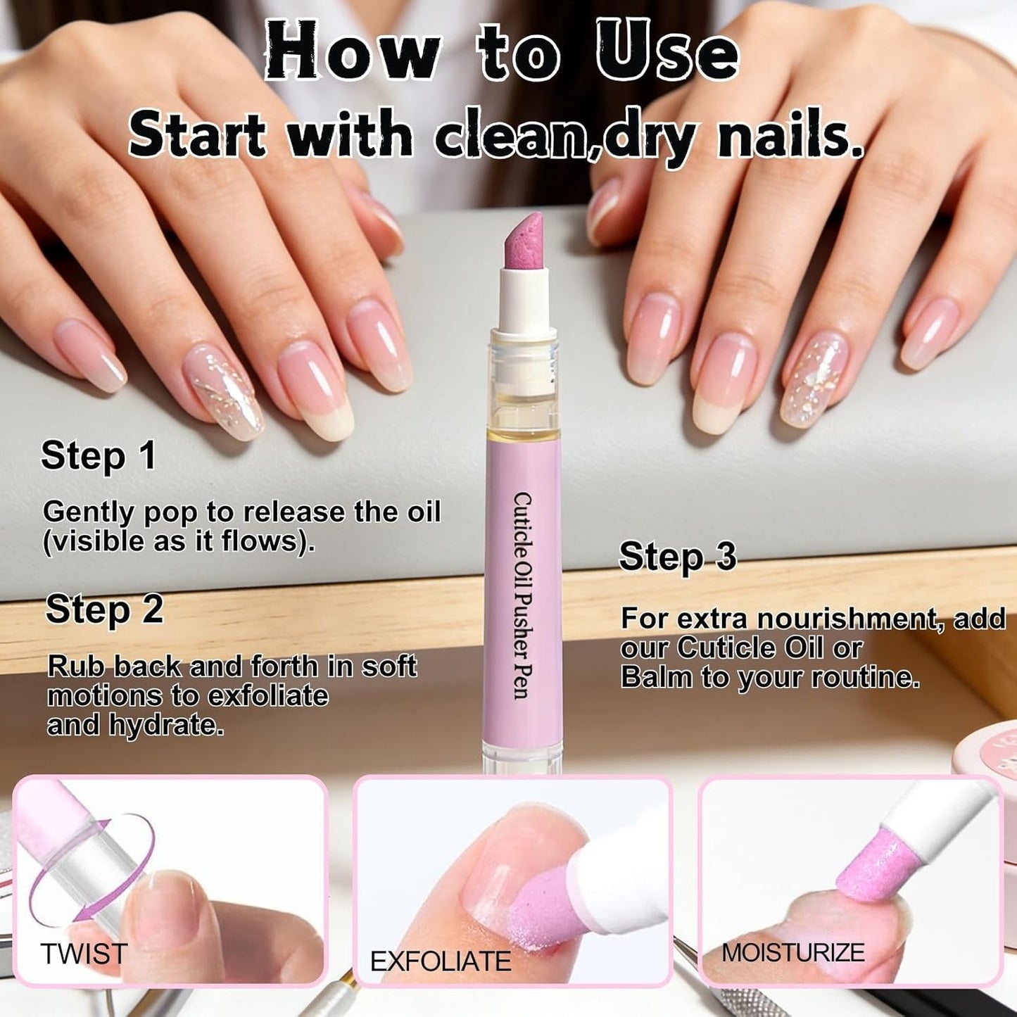 Cuticle Oil Pusher Pen Set - 2-in-1 Ceramic Tip Remover & Nail Oil | Portable Manicure Kit for Dry Nails
