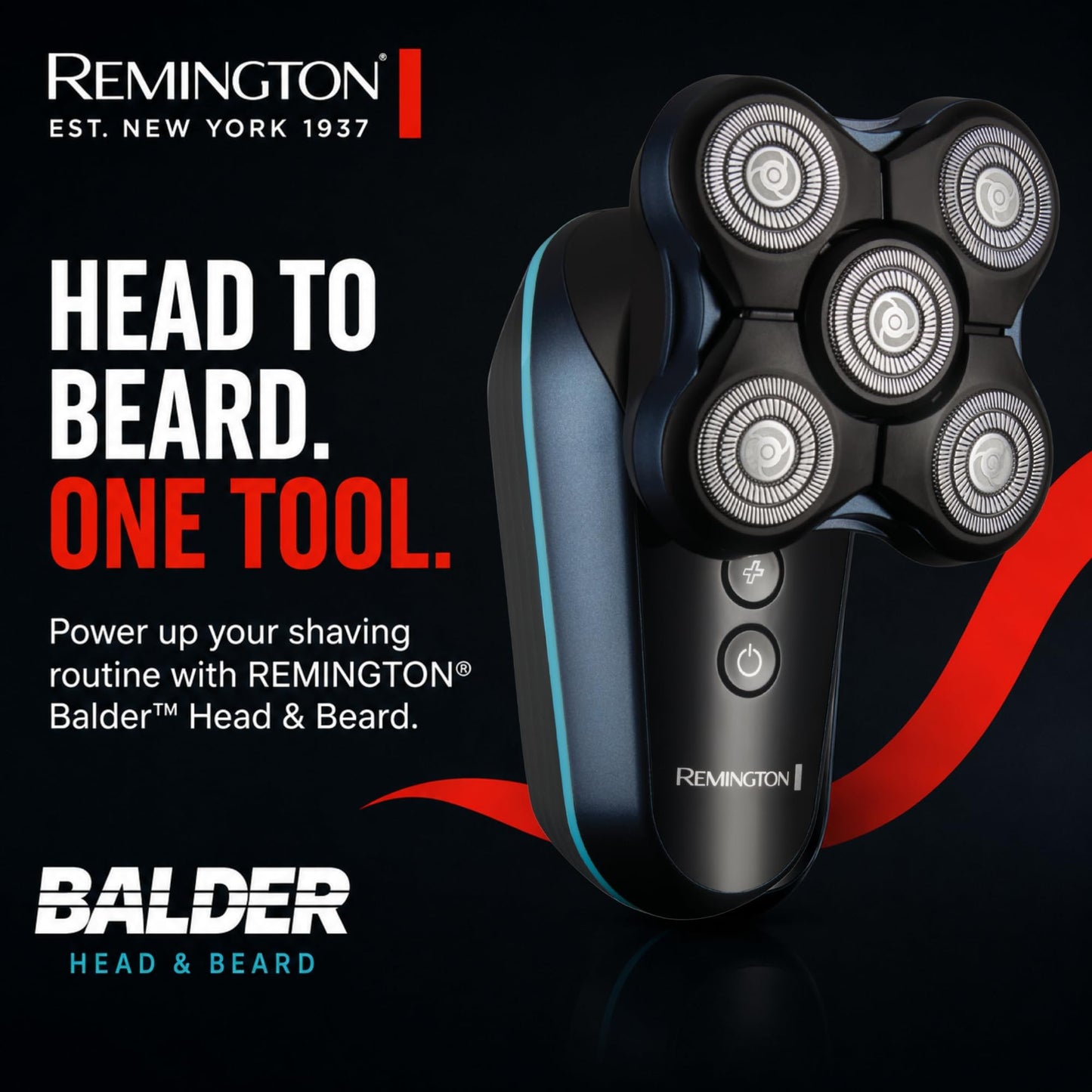 Remington Balder Head & Beard Rotary Shaver, 5 Flex Blades, DURADRIVE Motor with Turbo Boost, Cordless Wet/Dry Electric Razor with T-Blade Trimmer & Combs