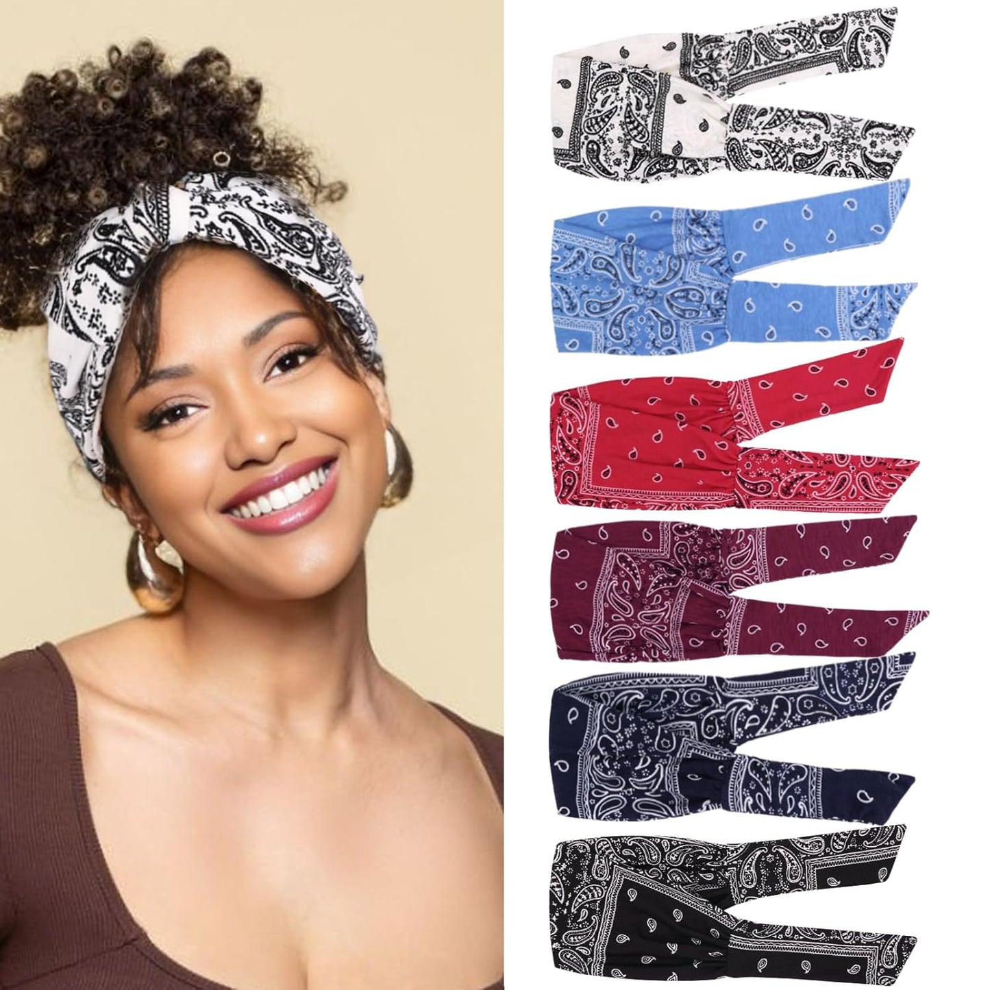 Adjustable Boho Headbands for Women - 6 Elastic Knotted Hair Accessories | Fashionable Wide Yoga Workout Bands