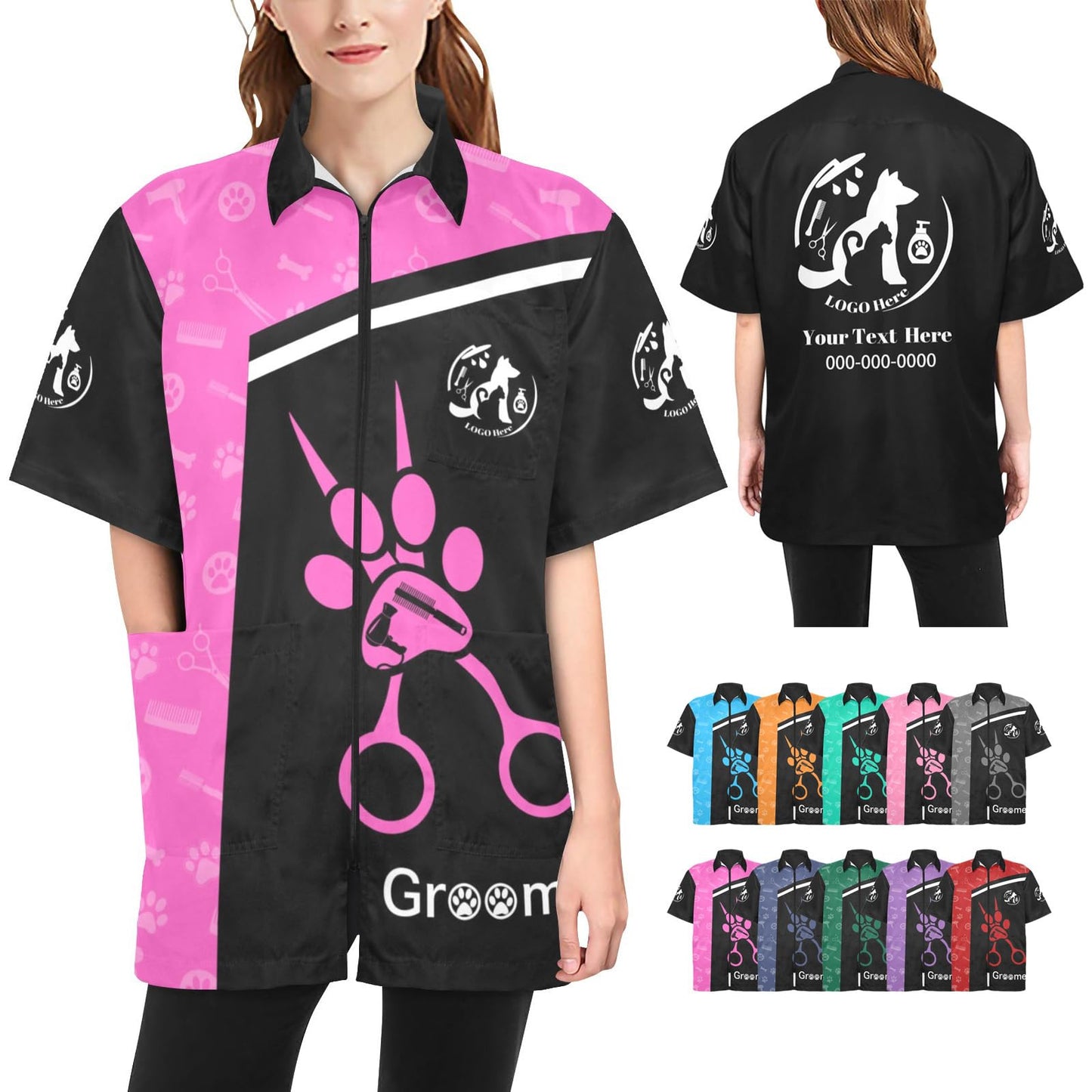 Cowcute Custom Pet Grooming Smocks for Groomer, Personalized Logo Dog Grooming Jackets Work Shirt Uniform Waterproof Workwear