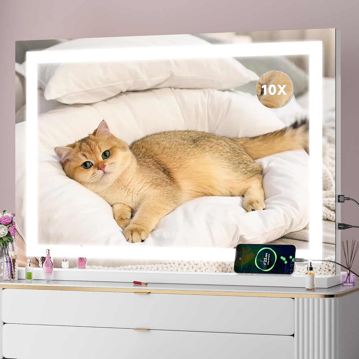 LED Makeup Vanity Mirror with Lights - 32" x 22" | 10X Magnification, Dimmable, Smart Touch, USB Charging