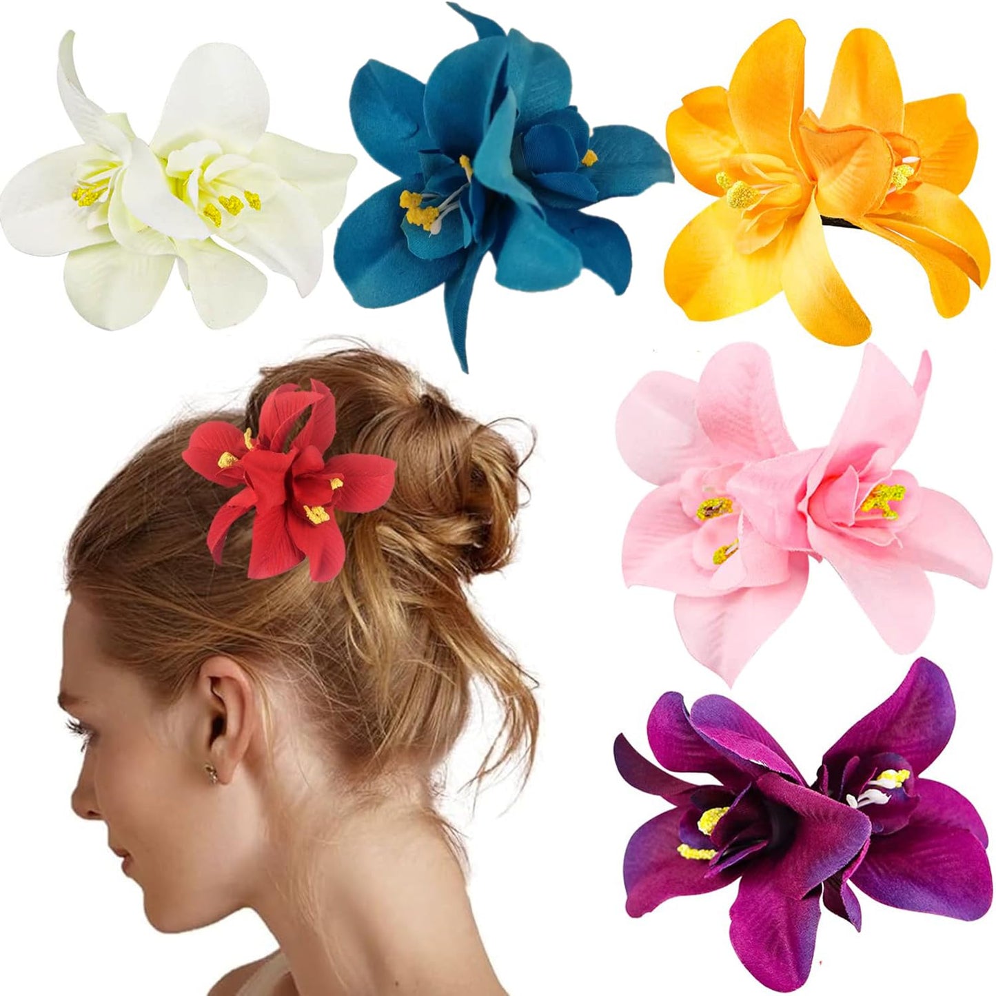 Hawaiian Hair Clips - 5PCS Artificial Flower Plumeria Claw Clips for Wedding & Beach Party | Hibiscus Design