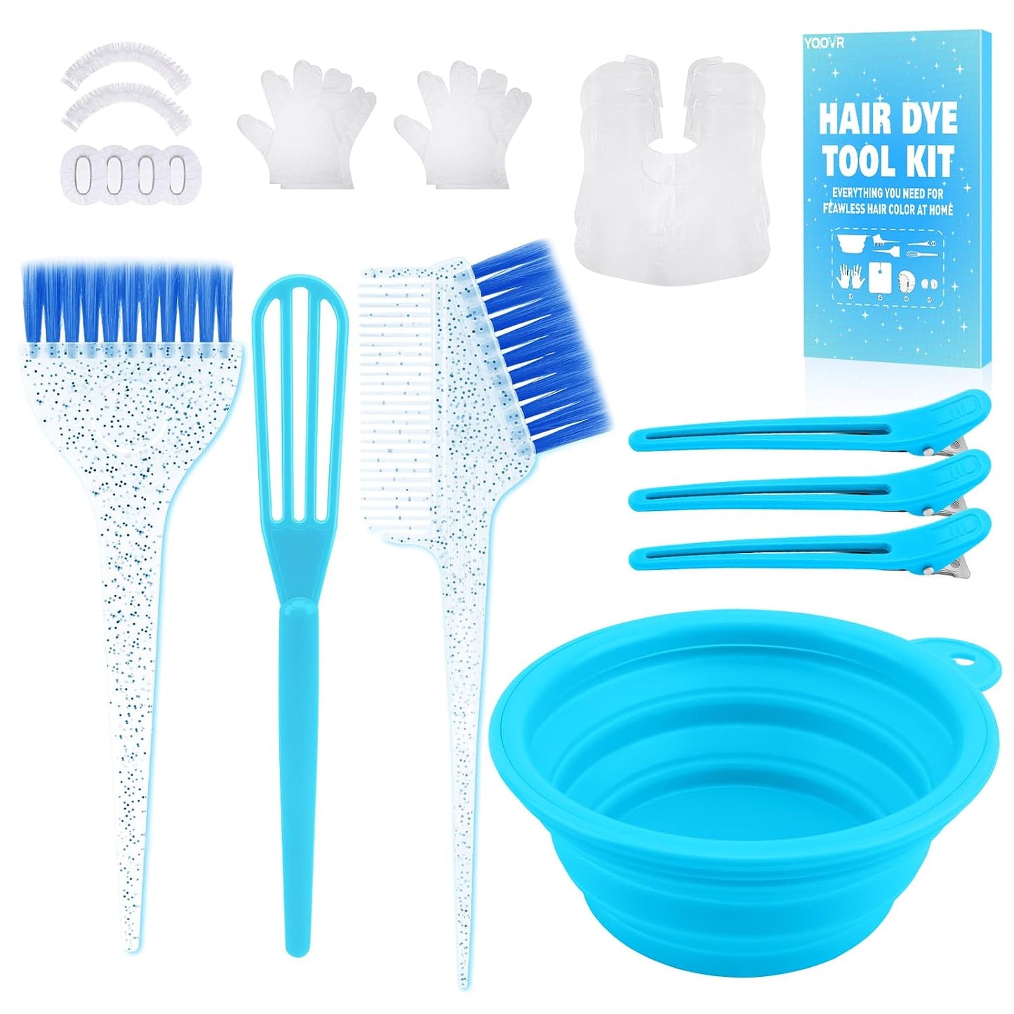 19PCS Hair Bleach Dye Kit - Complete Set with Brush, Bowl & Clips | Ideal for Home Coloring & Highlighting (Blue)