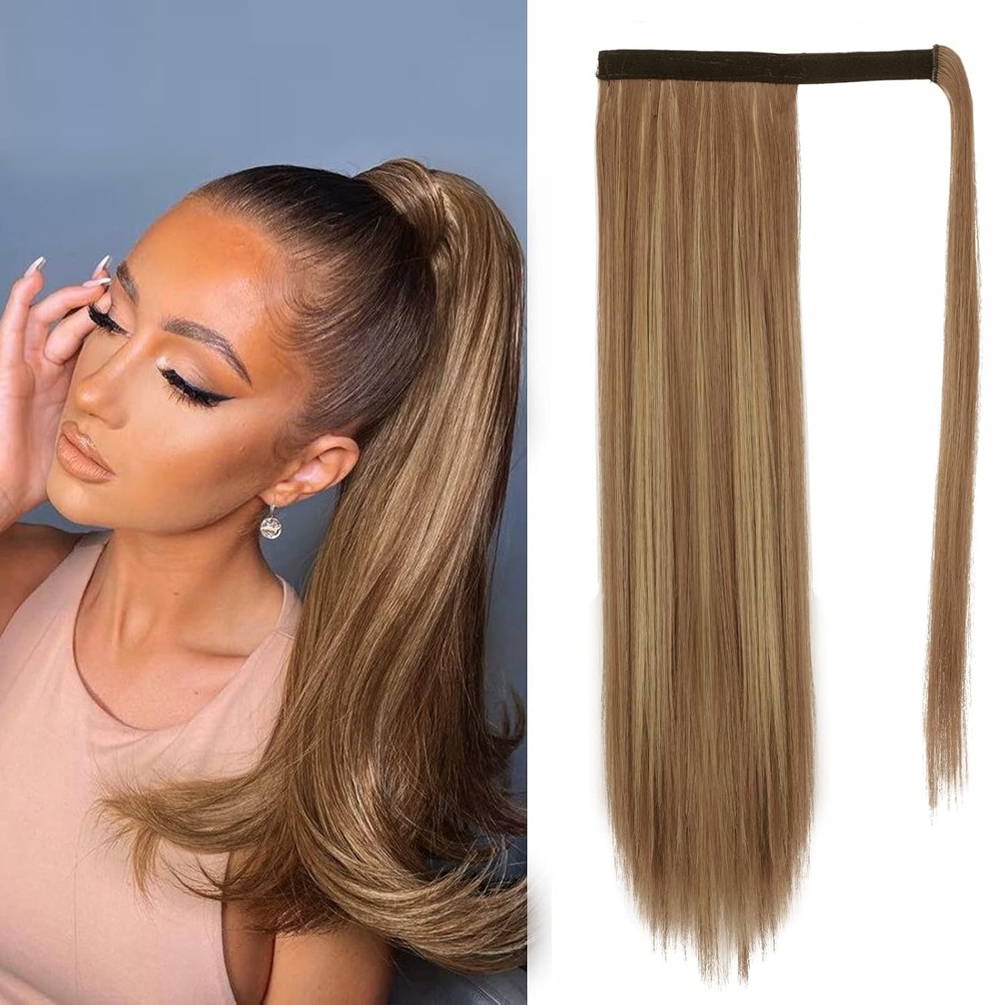 Dark Brown Straight Wrap Ponytail Extension - 24 Inch Clip-In Hairpiece for Black Women | Synthetic Hair