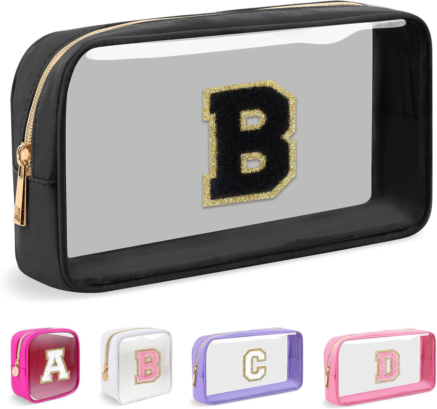 Personalized Initial Makeup Bag - Waterproof Nylon Cosmetic Pouch | A-Z Chenille Letter Patch, White-Pink G
