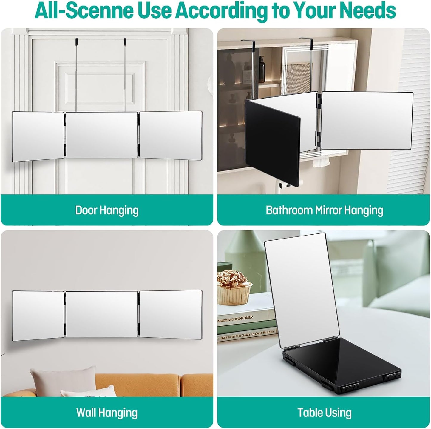 Tri-Fold 3-Way Mirror for Self Hair Cutting - 360° View, Height Adjustable, Anti-Fog HD Glass | Perfect for Shaving, Braiding, Travel