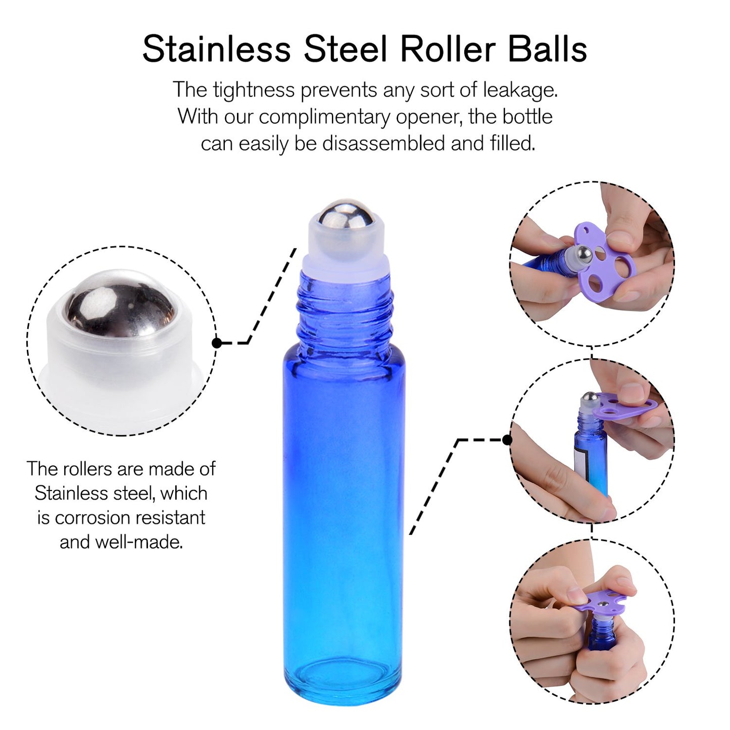 Essential Oil Roller Bottles - 12 Pack 10ml Refillable Thick Rainbow Glass | Leak-Proof, Stainless Steel Ball