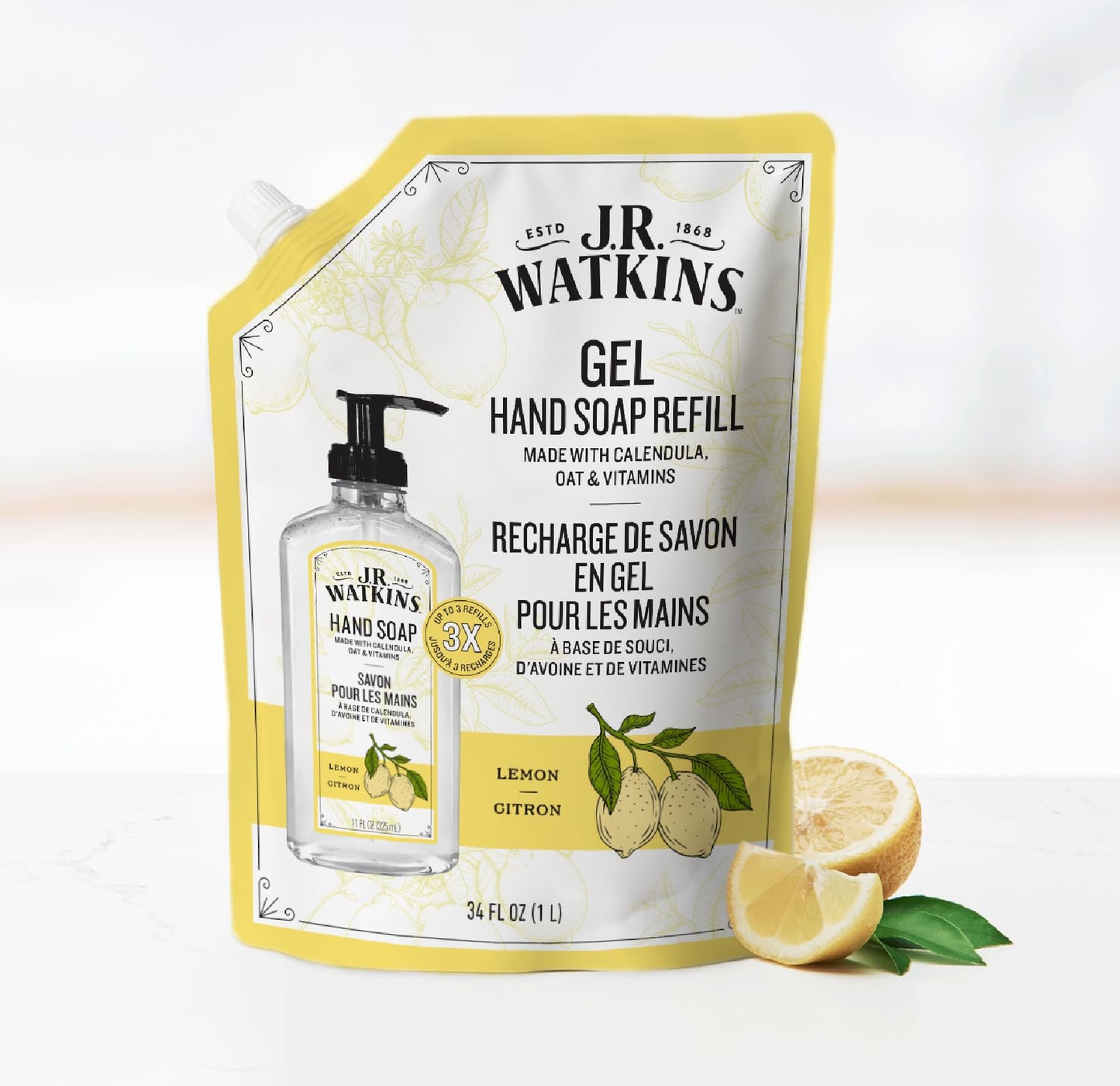 J.R. Watkins Gel Hand Soap Refill, Moisturizing Hand Wash, Formulated with Plant-Based Cleansers, Alcohol-Free, Cruelty-Free, Lemon, 34 Fl Oz, 2 Pack