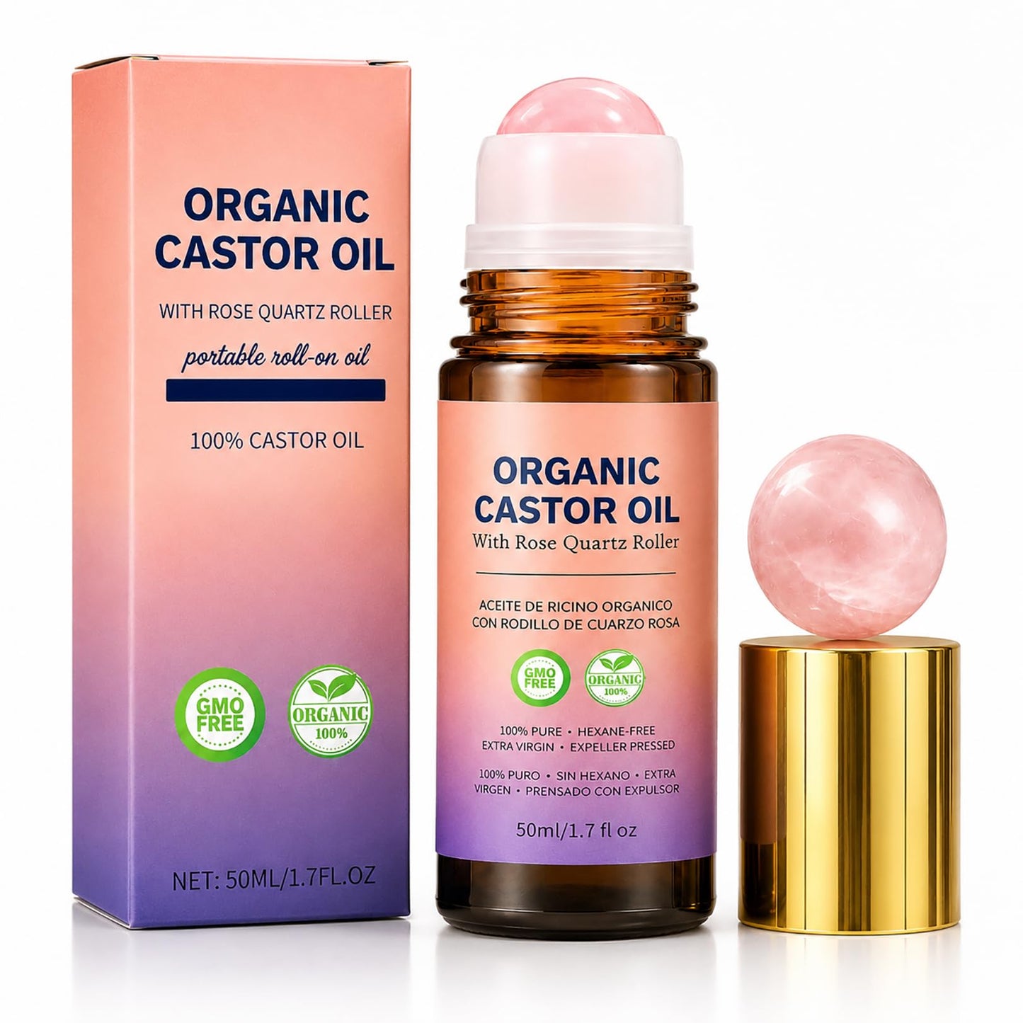 QBHCYH Organic Castor Oil Roll-On with Rose Quartz Roller, 100% Pure Cold-Pressed Castor Oil for Nails, Hair and Skin 1.7 Fl.OZ (50ml)