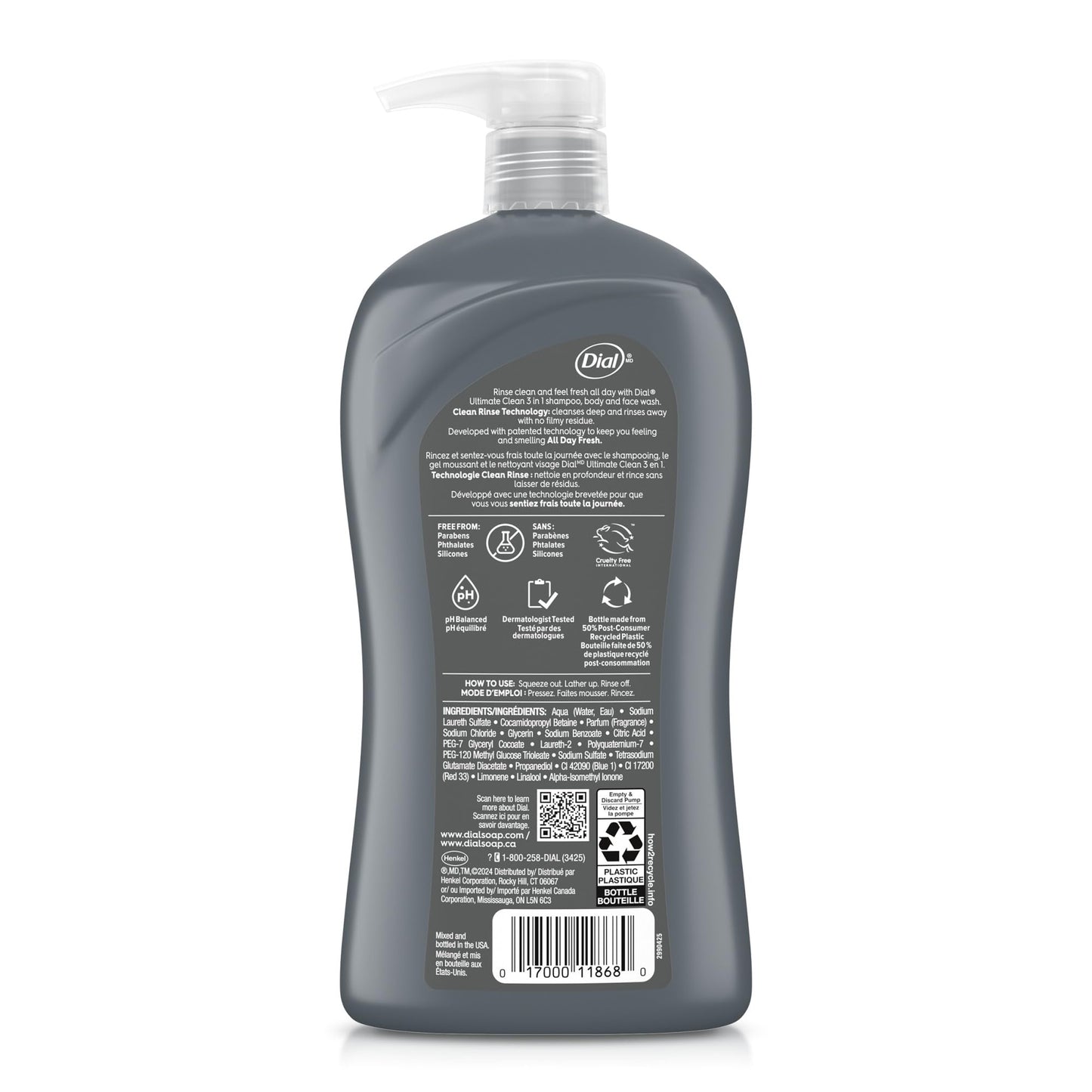 Dial Men 3in1 Body, Hair and Face Wash, Ultimate Clean, 32 Fl Oz