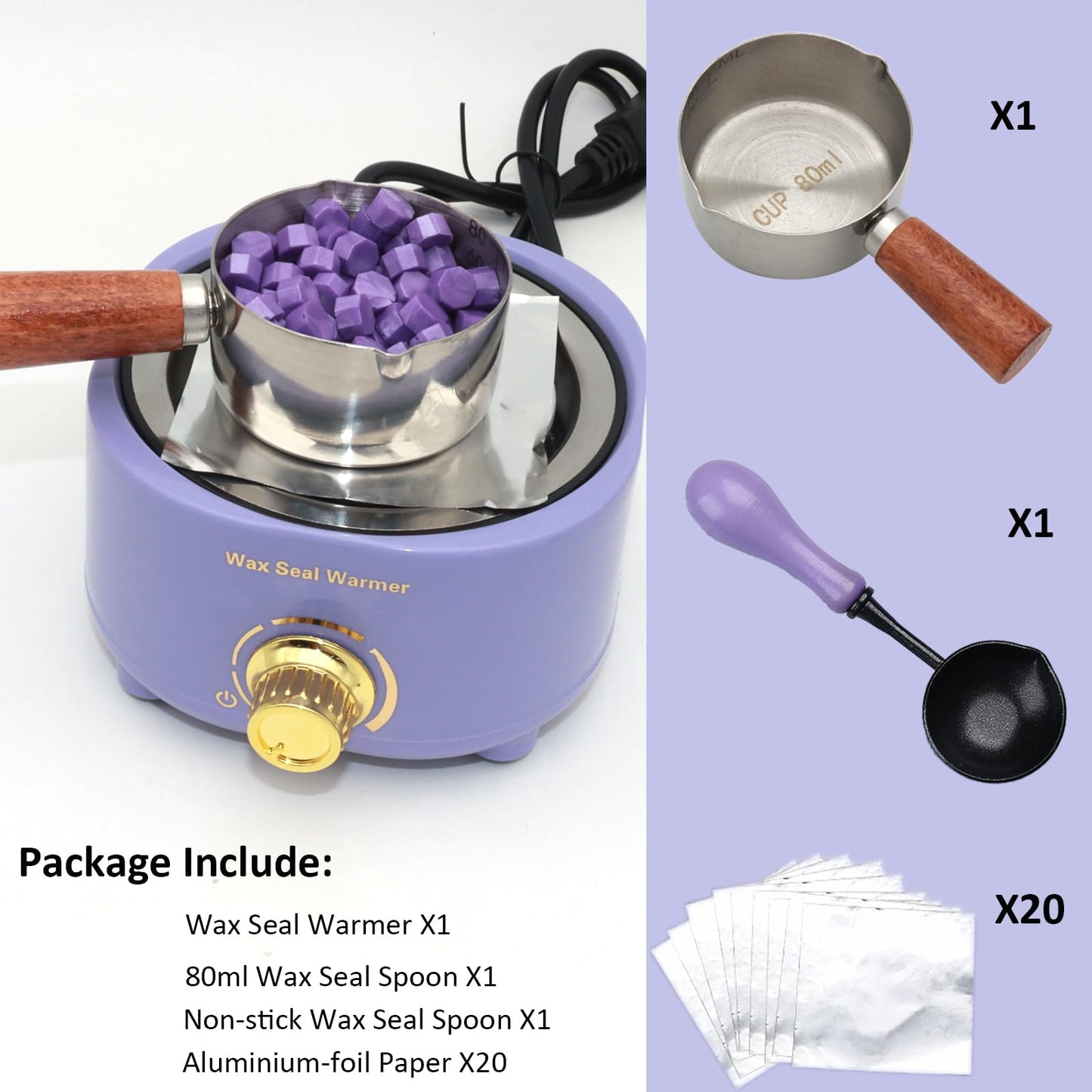 Andotopee Electric Wax Seal Warmer and Spoon Kit with 80ml Spoon, Non-Stick Sealing Wax Spoon, Tinfoil for Fast Melting Beads and Sticks - Sealing Melting Furnace Set for Stamp Seals Craft, Purple