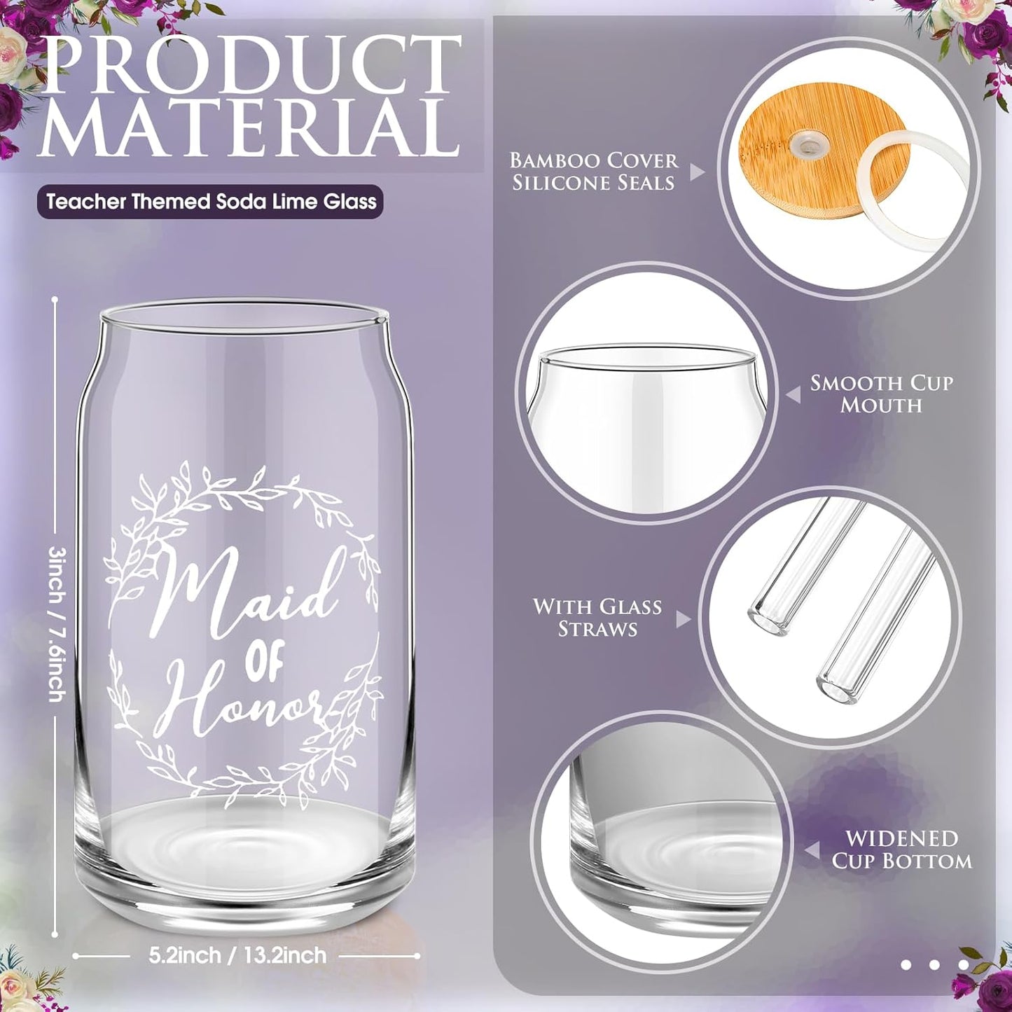 Bridesmaid Proposal Gifts - 48 Pcs Set with 16oz Glass Cups, Makeup Bags & More | Classic Purple
