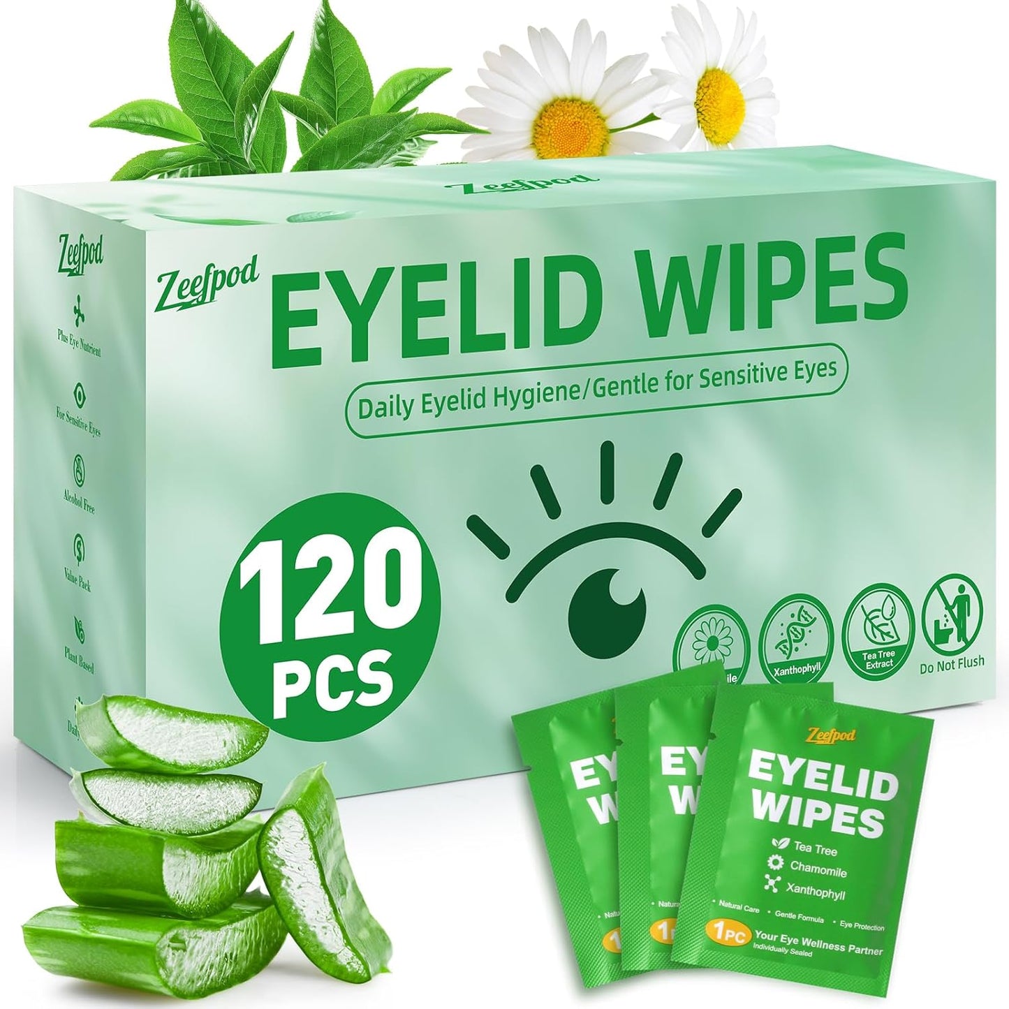 Tea Tree Oil Eyelid Wipes - 120 Individually Wrapped Soothing Eye Cleaning Wipes | Hydrating for Sensitive Eyes
