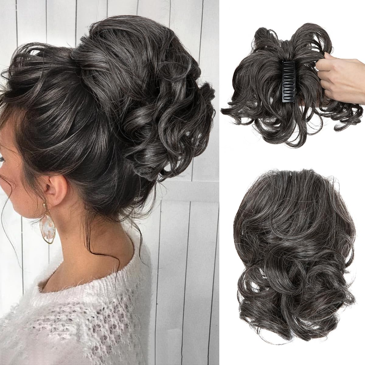 CJL Hair Claw Clip Short Ponytail Extensions - Bendable Metal Messy Bun Piece | Wavy Curly Synthetic Hair, Ash Grey