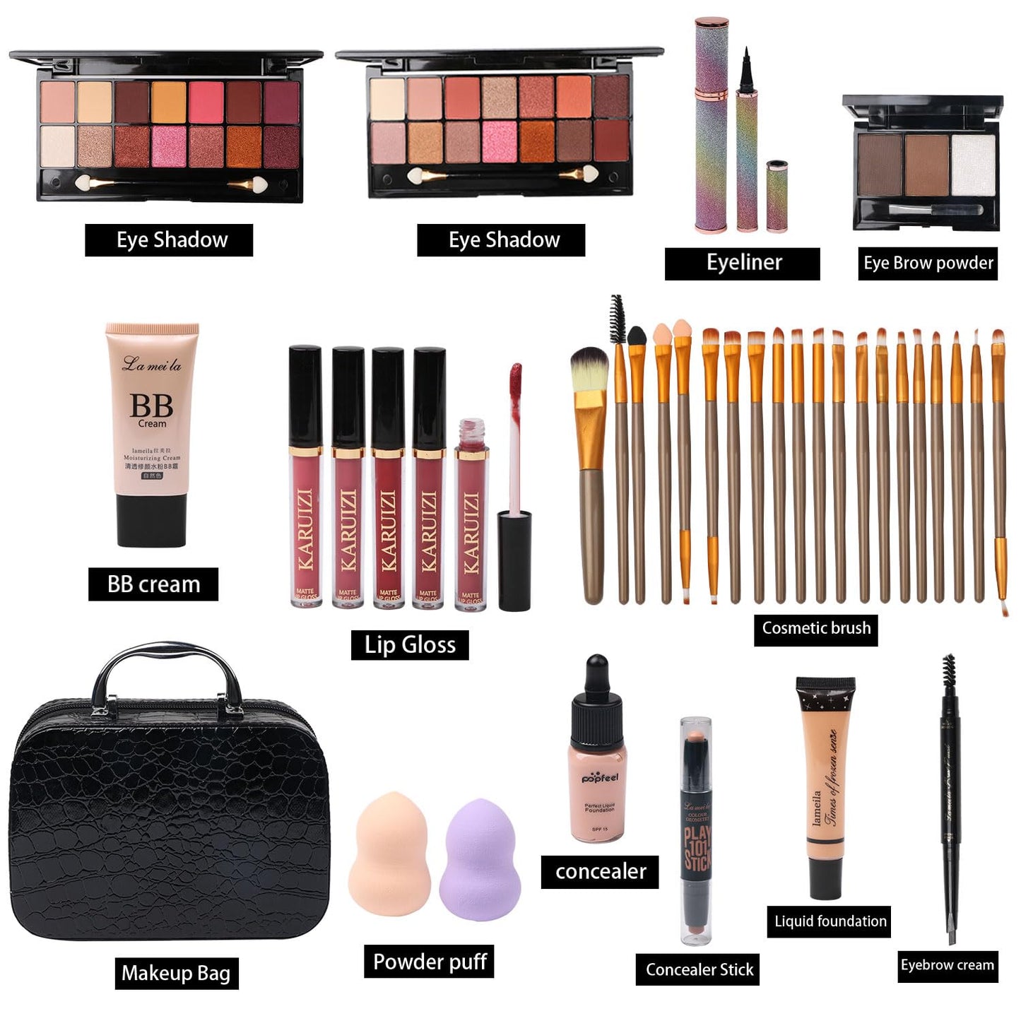 All-in-One Makeup Kit - 14 Colors Eyeshadow Palette, Liquid Foundation, Eyeliner & Brushes | 20-Piece Set for Women & Teens - Black
