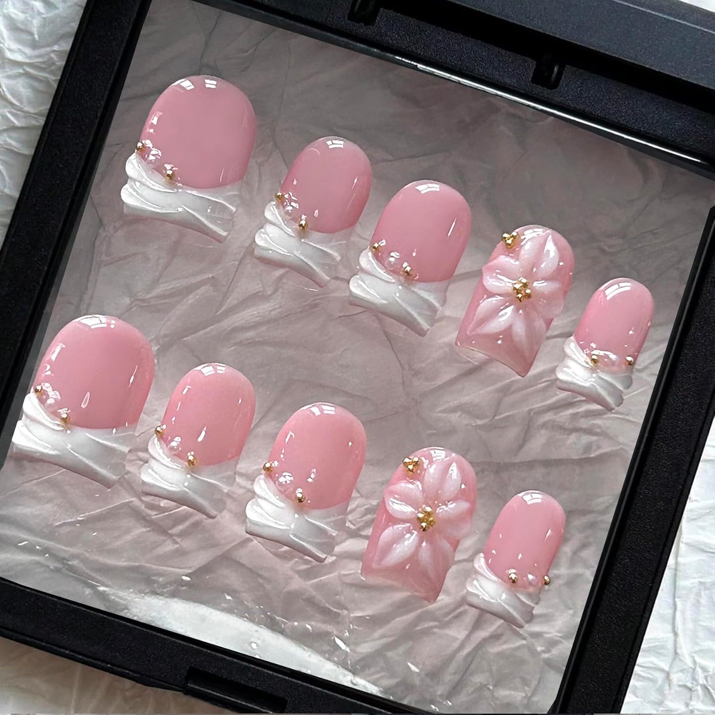 Press On Almond Nails - Handmade 3D Design, Thick Acrylic Gel | Reusable DIY Artificial Nails for Women (10 Pieces)