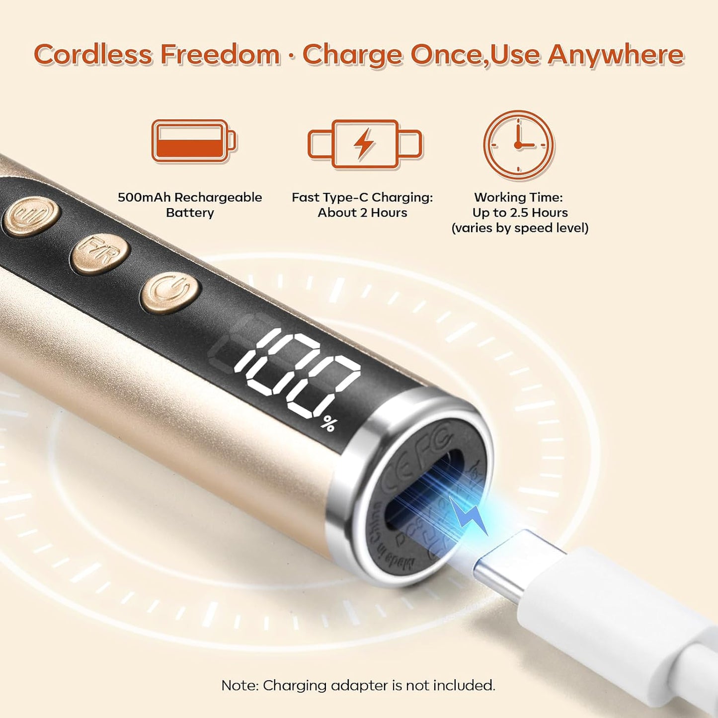 Rechargeable Nail Drill - 25,000 RPM Cordless Electric File with 5-Speed LED Display | Lightweight & Quiet E-File Kit for Gel Polish Removal (Gold)
