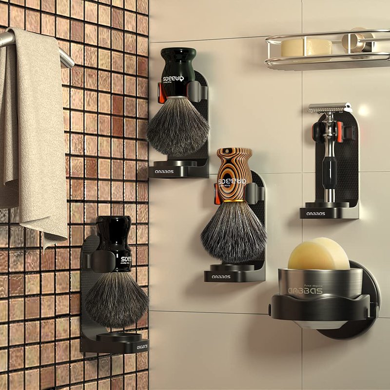 Anbbas 4IN1 Shaving Brush Set,Nylon Bristles Wood Handle and Stainless Steel Soap Bowl,ABS Wall Mounted Shaving Holders for Brush and Bowl for Men Wet Shave