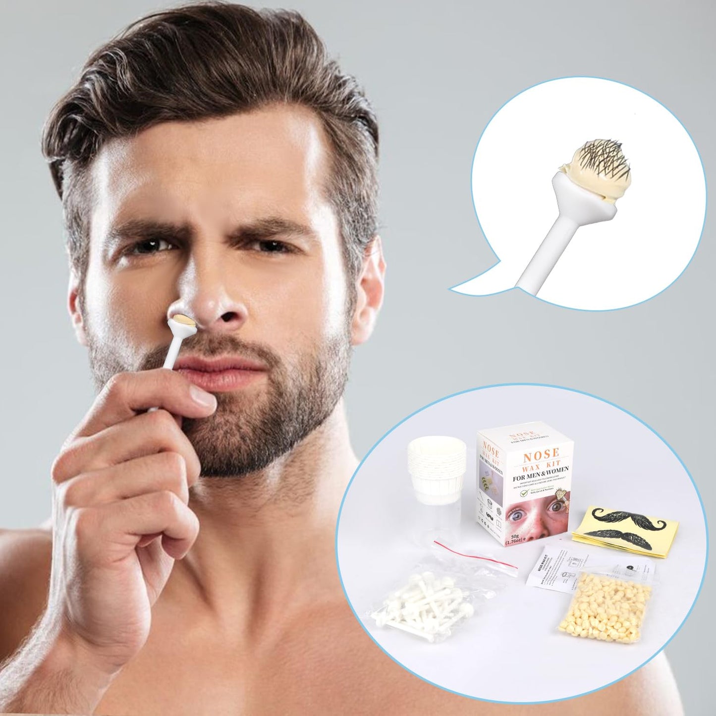 Nose Wax Kit Men, Nose Ear Hair Waxing Kit for Men and Women with 100g Wax, 45 Sticks, Nose Ear Hair Removal Kit, USB Fast Heat, Smart Constant Temp, Multi-Accessories, Black